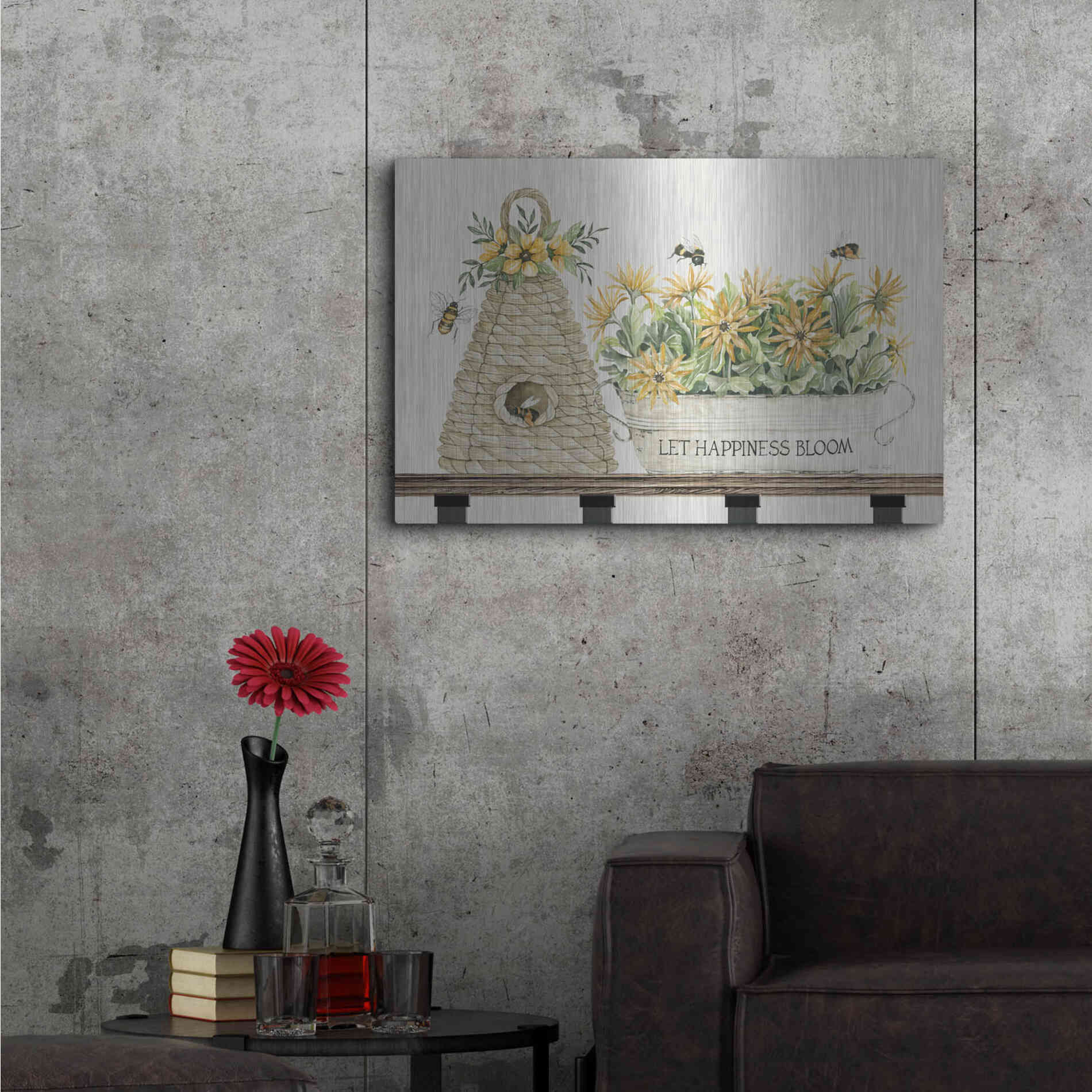 Luxe Metal Art 'Let Happiness Bloom Bee Hive' by Cindy Jacobs, Metal Wall Art,36x24