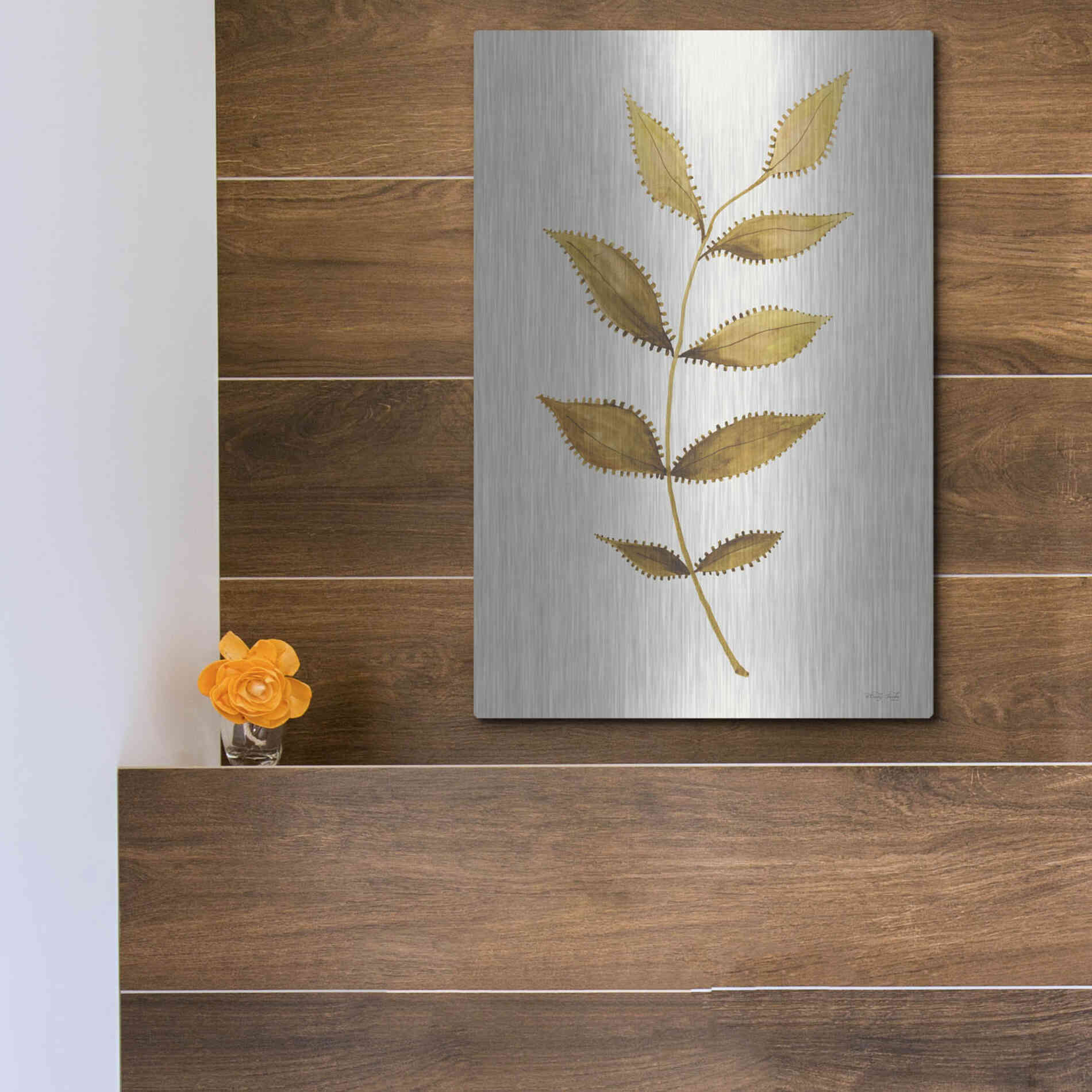 Luxe Metal Art 'Golden Spotted Leaves' by Cindy Jacobs, Metal Wall Art,12x16