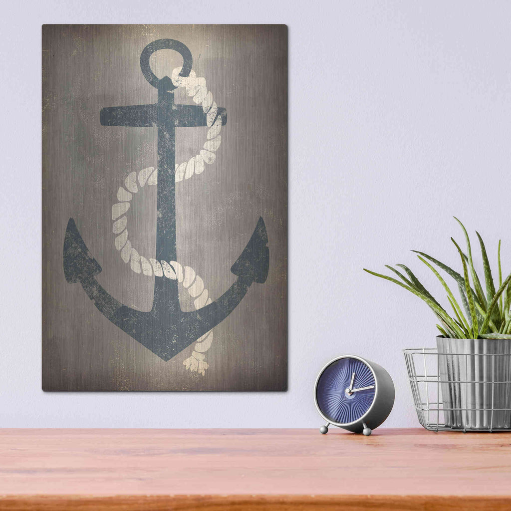 Luxe Metal Art 'Nautical Anchor Vertical Gray' by Ryan Fowler, Metal Wall Art,12x16
