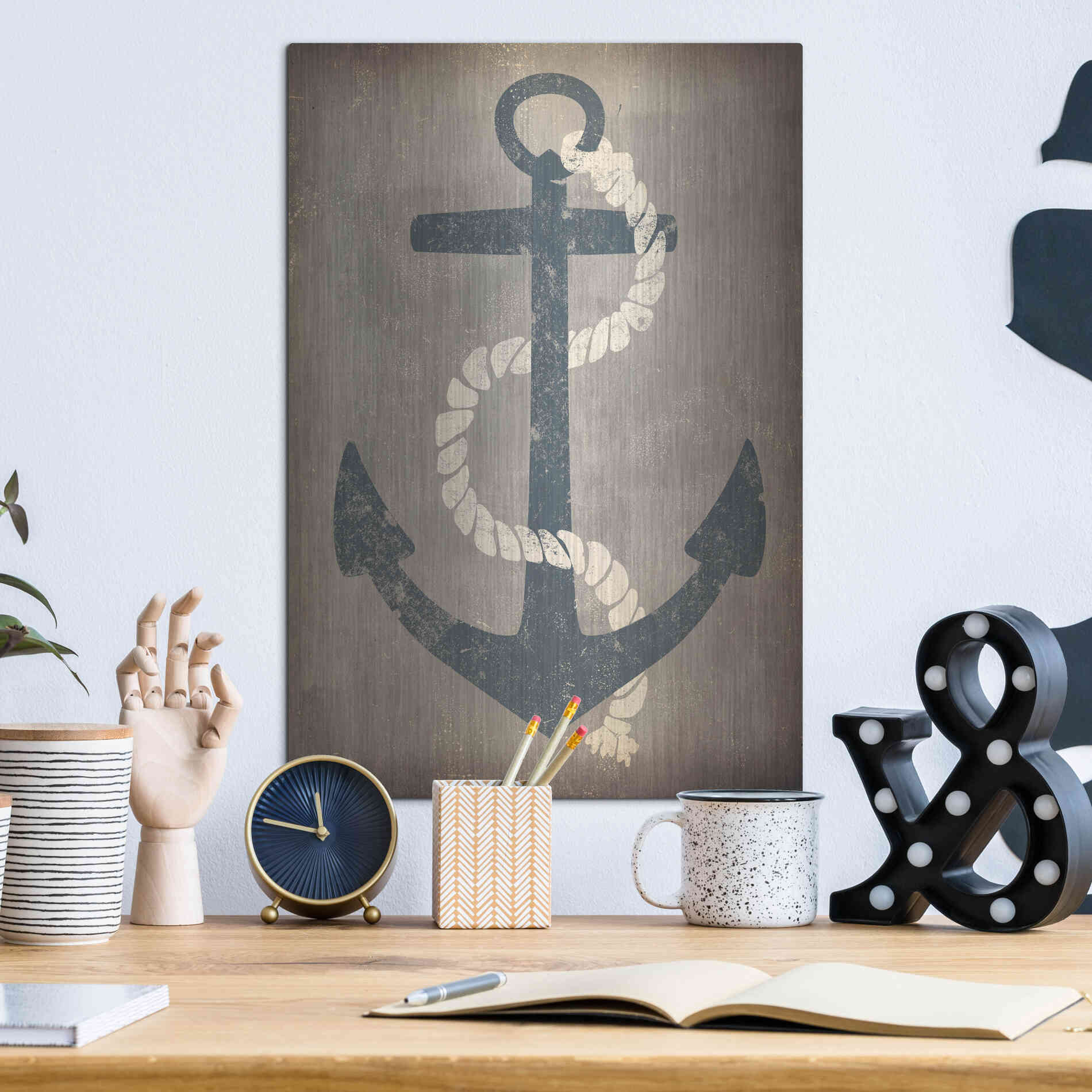 Luxe Metal Art 'Nautical Anchor Vertical Gray' by Ryan Fowler, Metal Wall Art,12x16