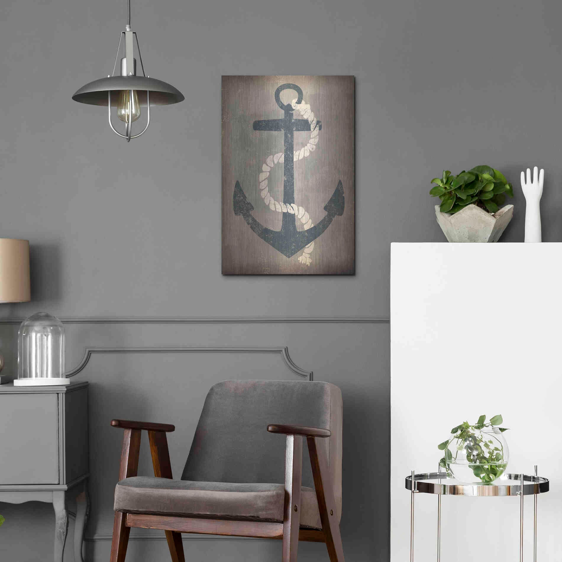 Luxe Metal Art 'Nautical Anchor Vertical Gray' by Ryan Fowler, Metal Wall Art,16x24