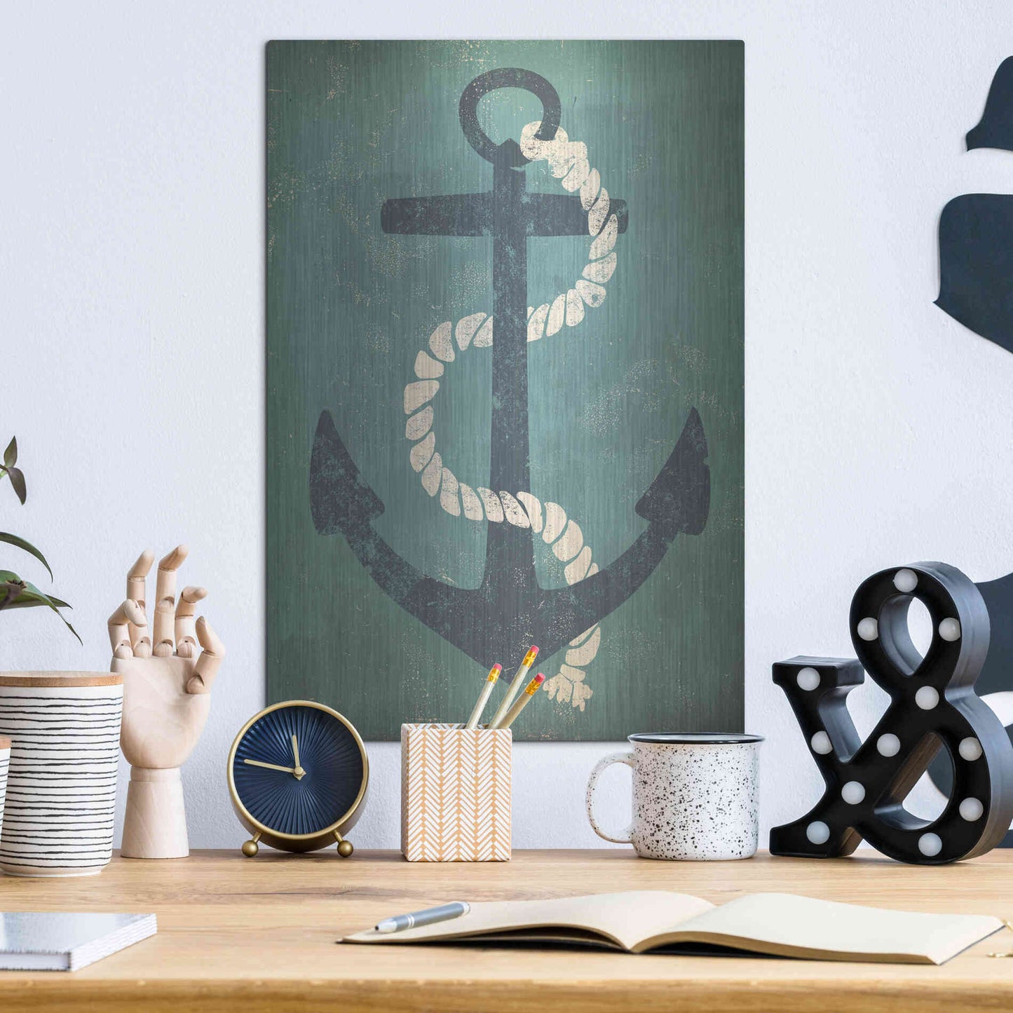 Luxe Metal Art 'Nautical Anchor Vertical Blue' by Ryan Fowler, Metal Wall Art,12x16