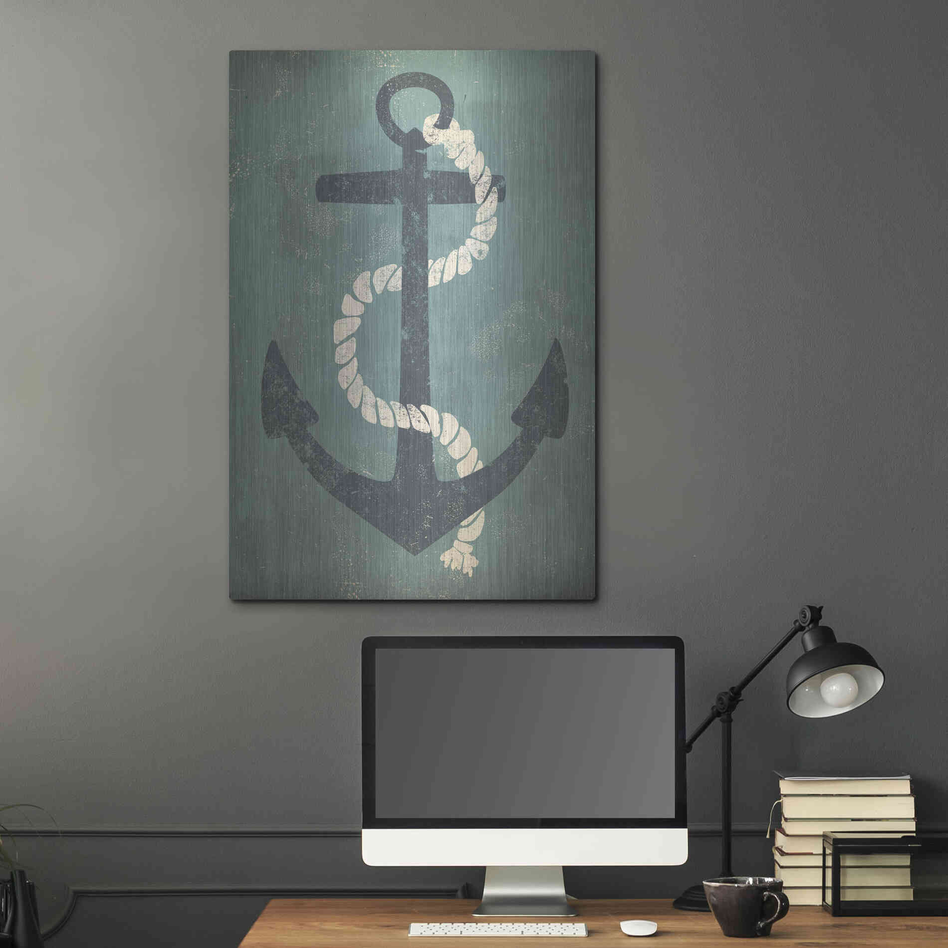 Luxe Metal Art 'Nautical Anchor Vertical Blue' by Ryan Fowler, Metal Wall Art,24x36