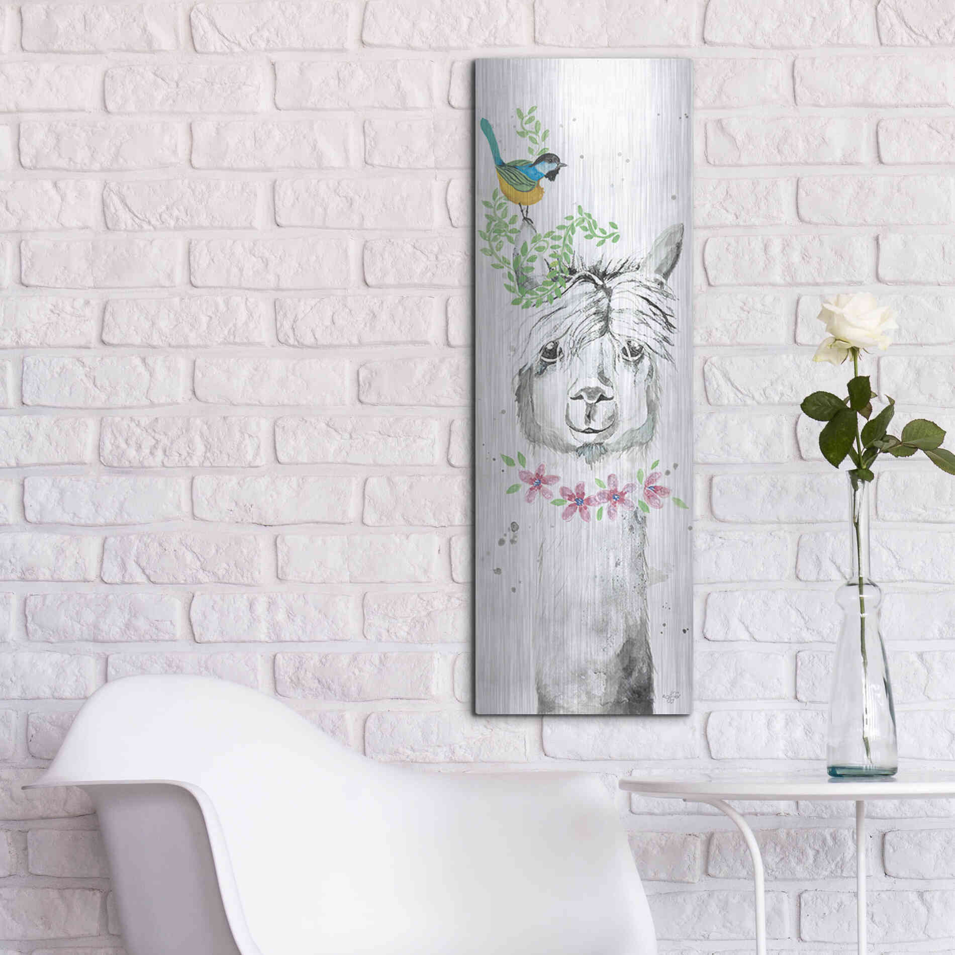 Luxe Metal Art 'Twinkle the Alpaca' by Diane Fifer, Metal Wall Art,12x36