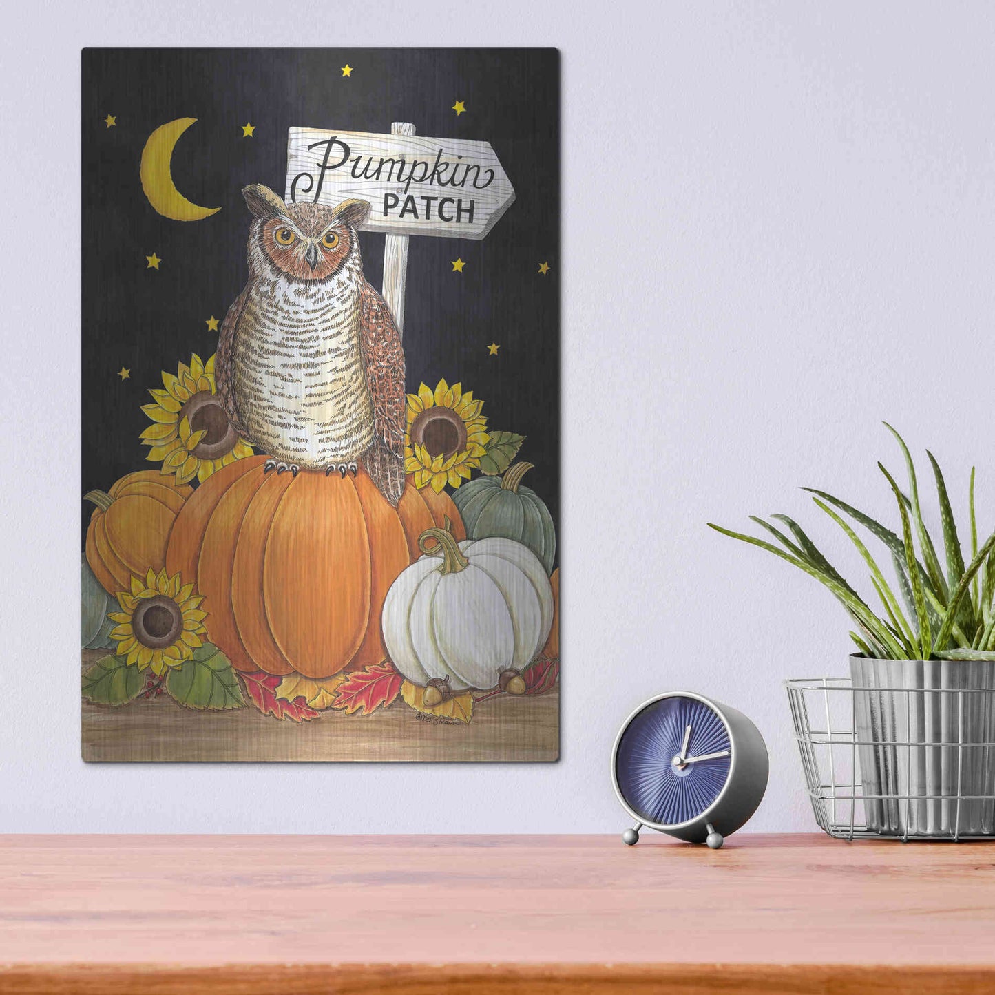 Luxe Metal Art 'Pumpkin Patch Owl' by Deb Strain, Metal Wall Art,12x16