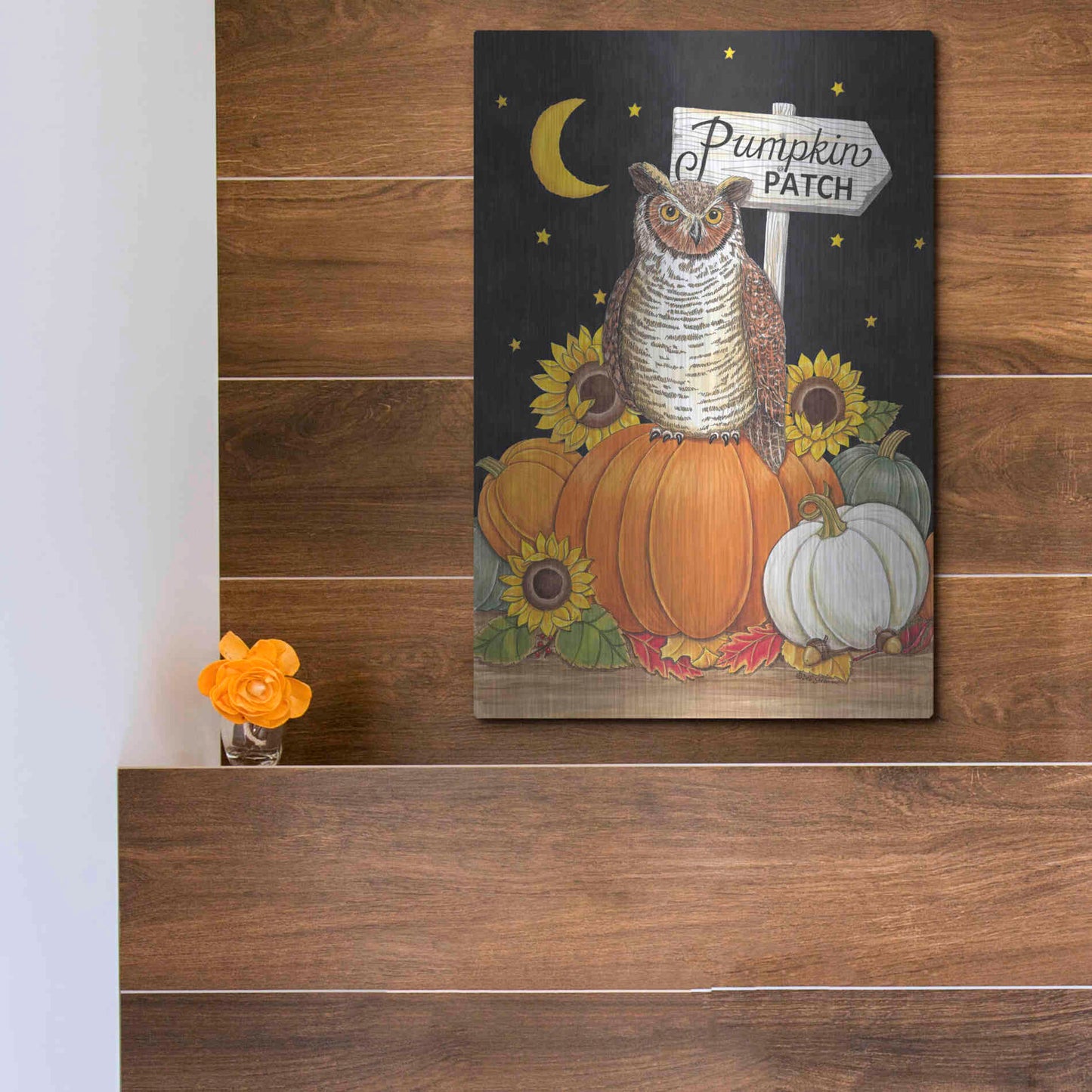Luxe Metal Art 'Pumpkin Patch Owl' by Deb Strain, Metal Wall Art,12x16