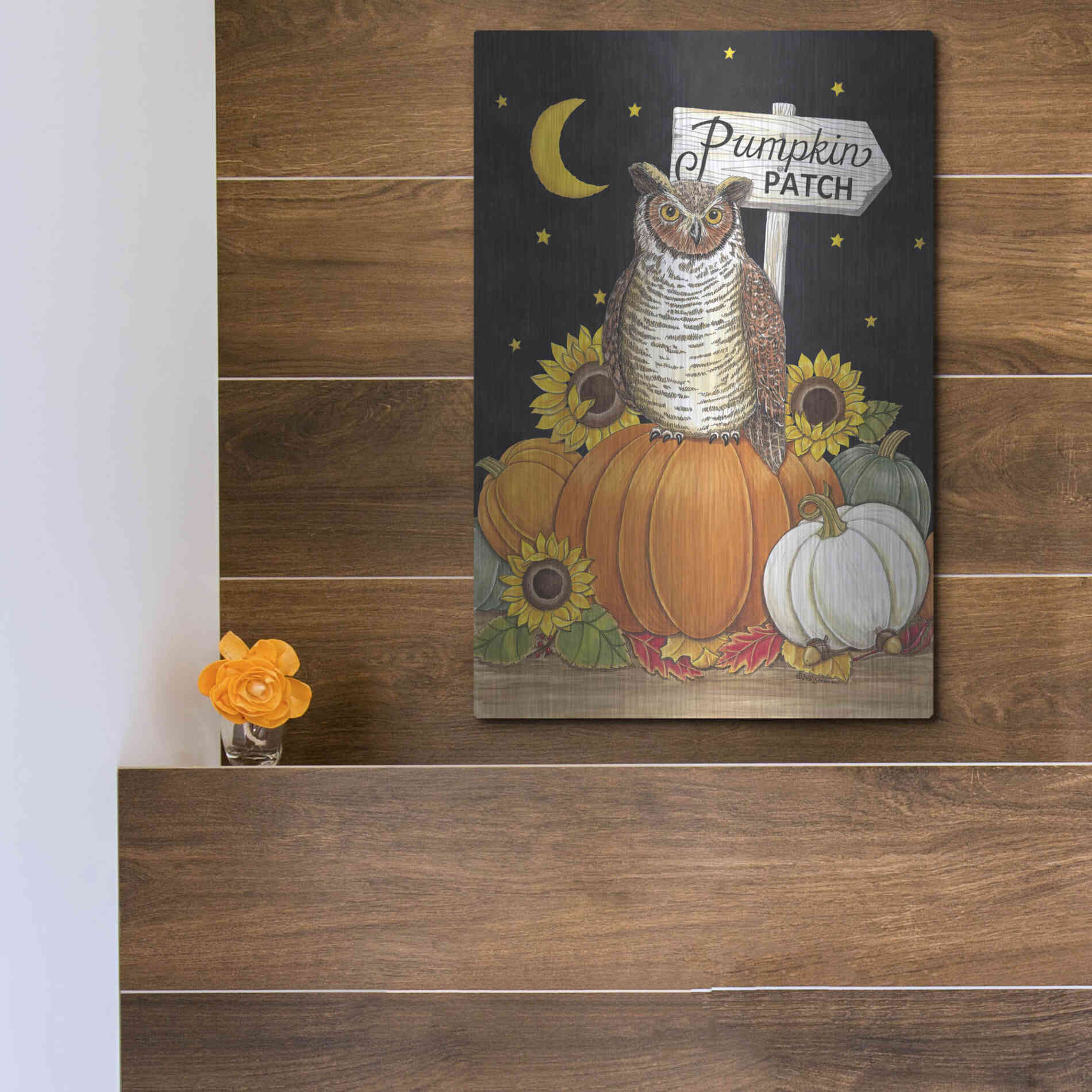 Luxe Metal Art 'Pumpkin Patch Owl' by Deb Strain, Metal Wall Art,12x16