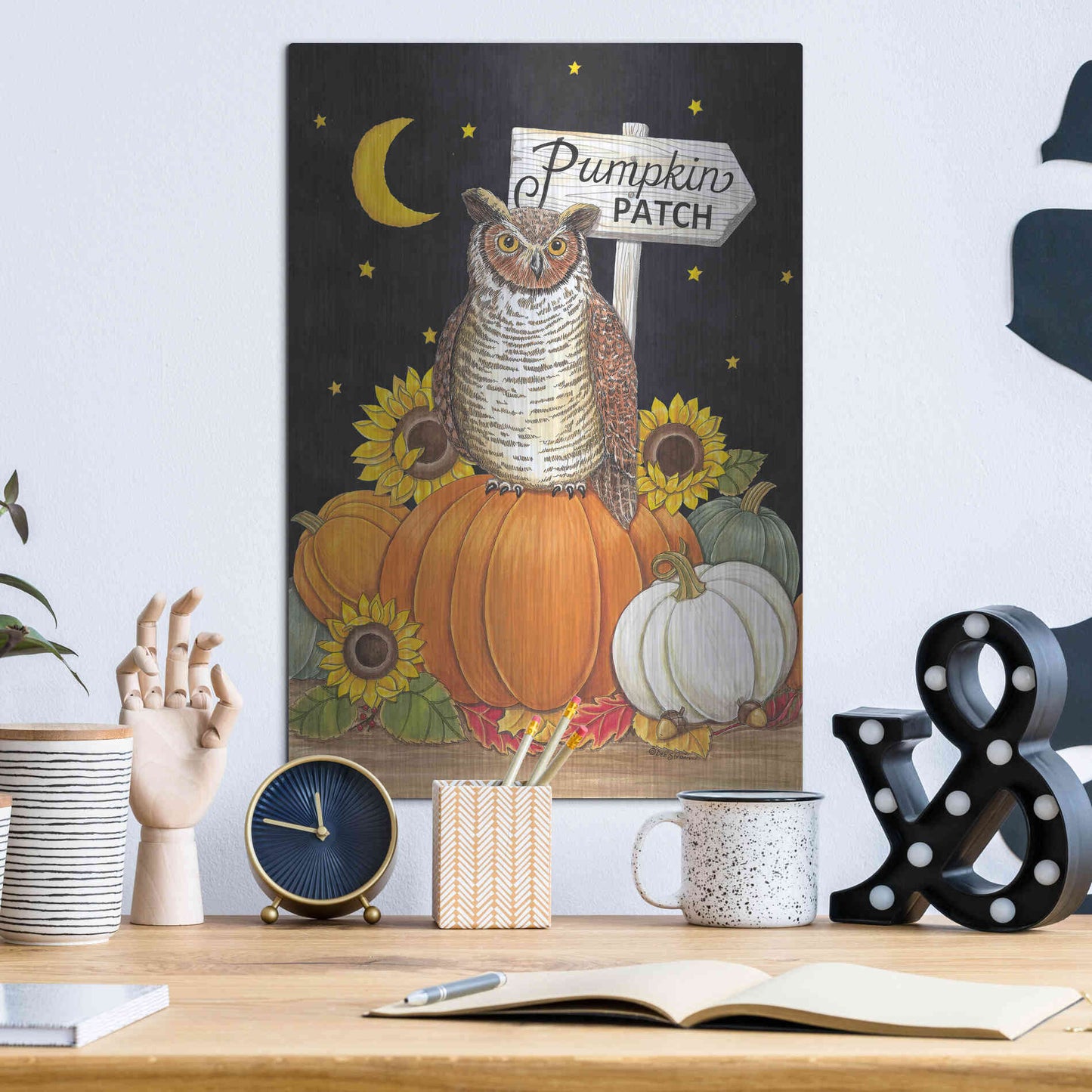 Luxe Metal Art 'Pumpkin Patch Owl' by Deb Strain, Metal Wall Art,12x16