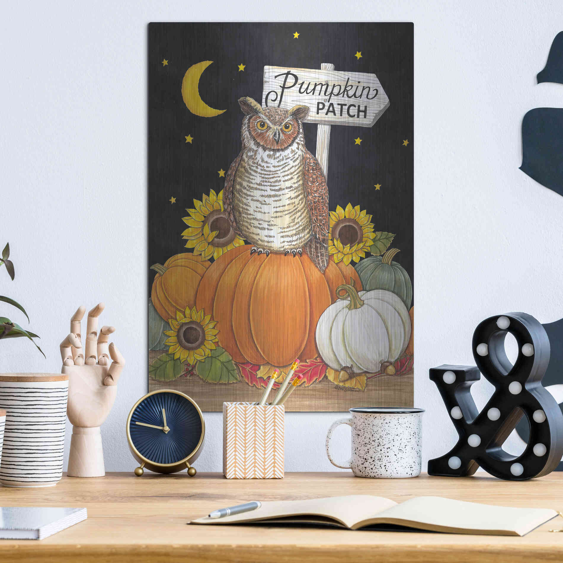 Luxe Metal Art 'Pumpkin Patch Owl' by Deb Strain, Metal Wall Art,12x16