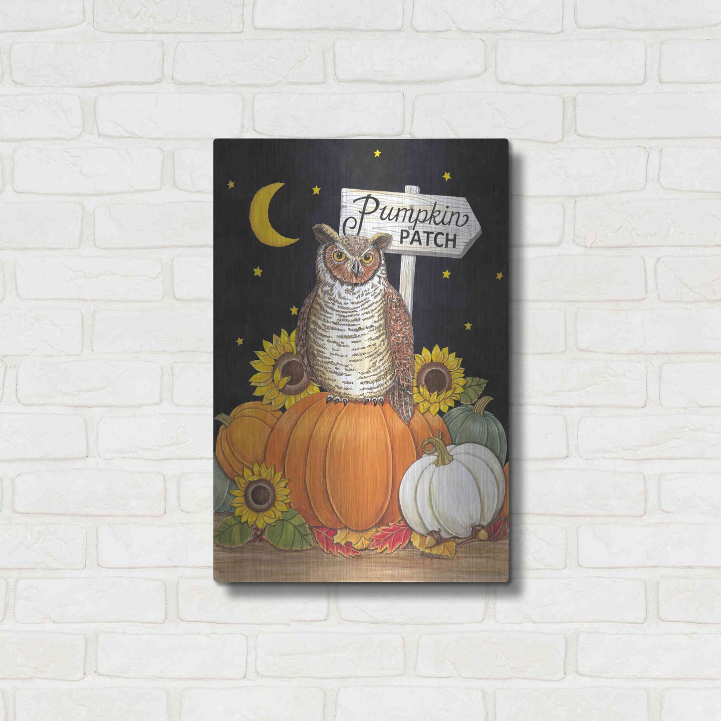 Luxe Metal Art 'Pumpkin Patch Owl' by Deb Strain, Metal Wall Art,16x24