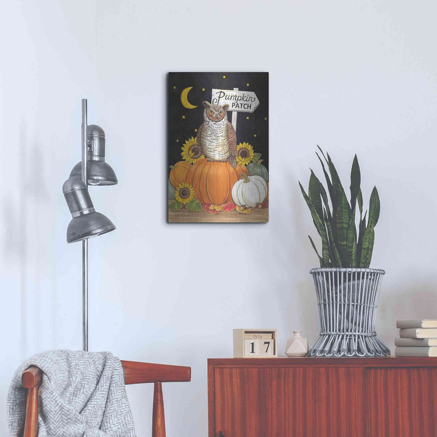 Luxe Metal Art 'Pumpkin Patch Owl' by Deb Strain, Metal Wall Art,16x24
