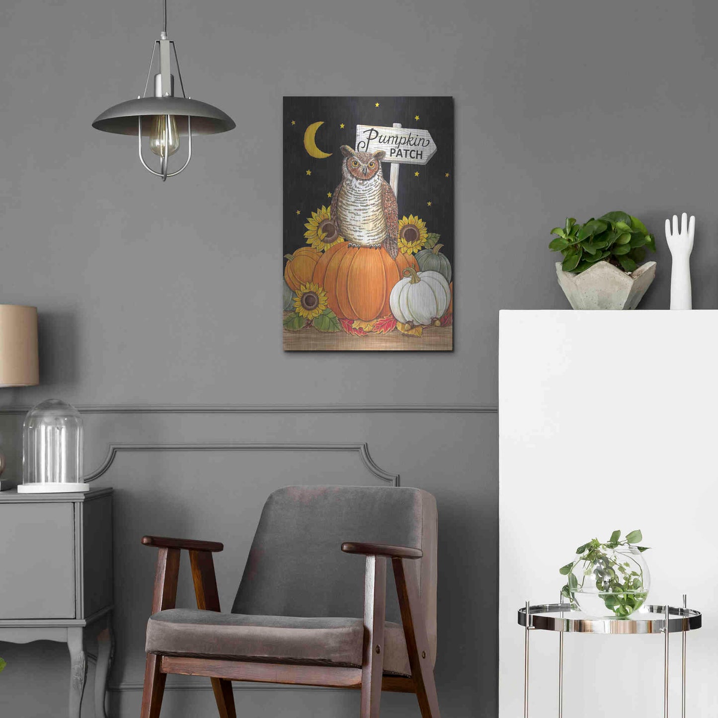Luxe Metal Art 'Pumpkin Patch Owl' by Deb Strain, Metal Wall Art,16x24