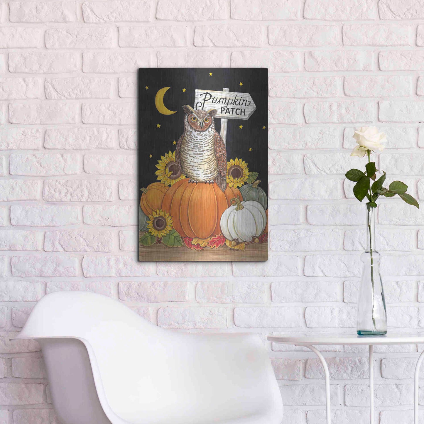 Luxe Metal Art 'Pumpkin Patch Owl' by Deb Strain, Metal Wall Art,16x24