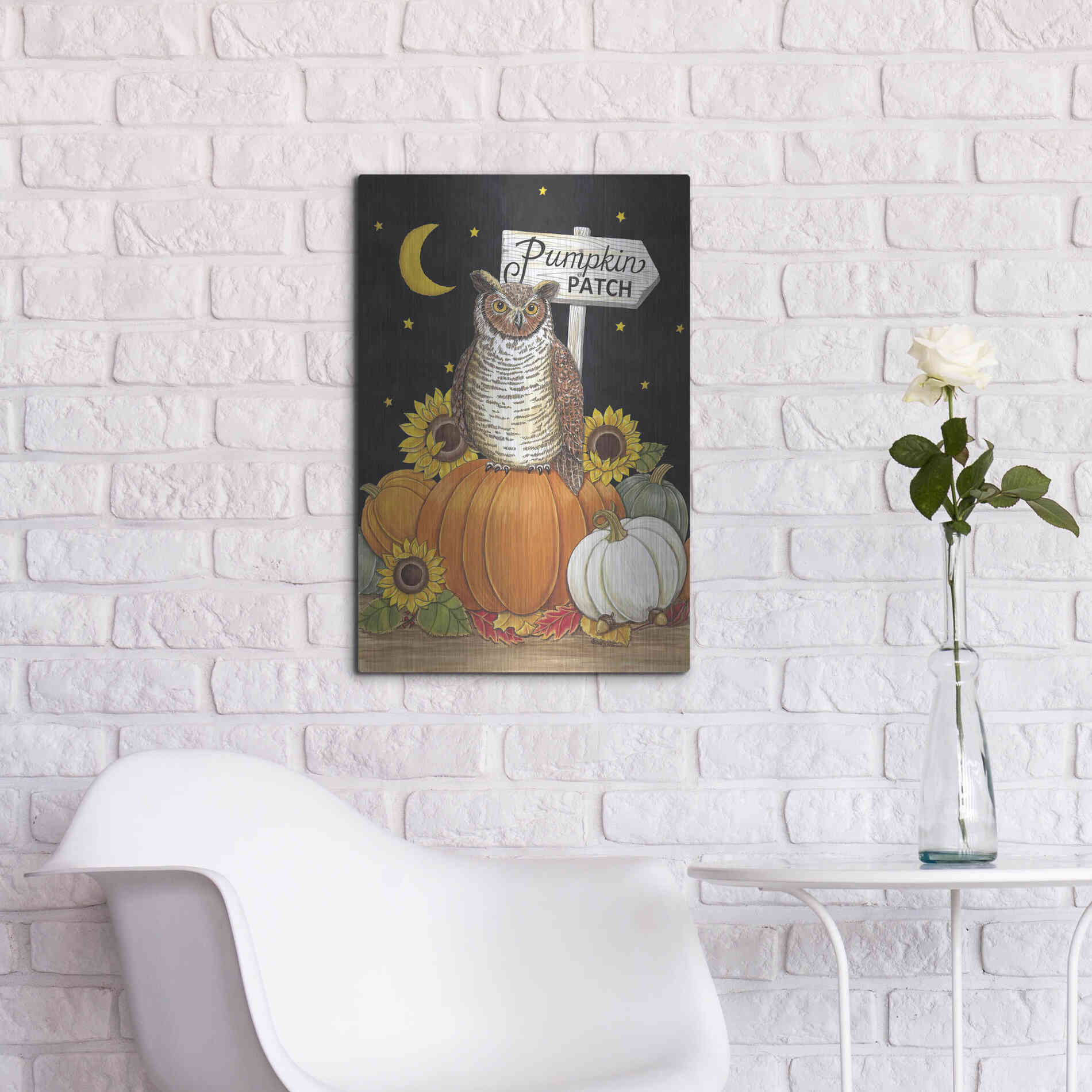 Luxe Metal Art 'Pumpkin Patch Owl' by Deb Strain, Metal Wall Art,16x24