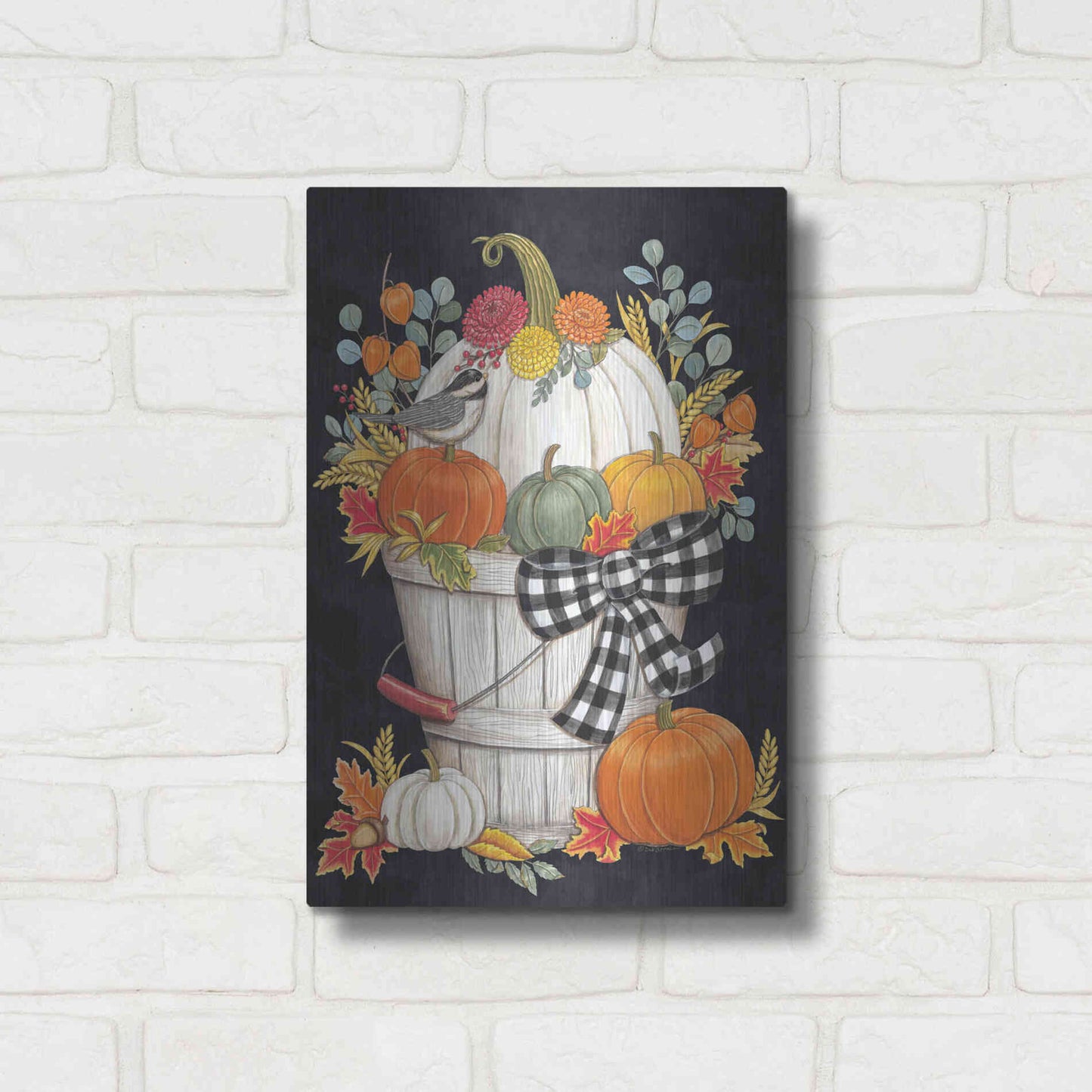 Luxe Metal Art 'Fall Bucket with Chickadee' by Deb Strain, Metal Wall Art,12x16