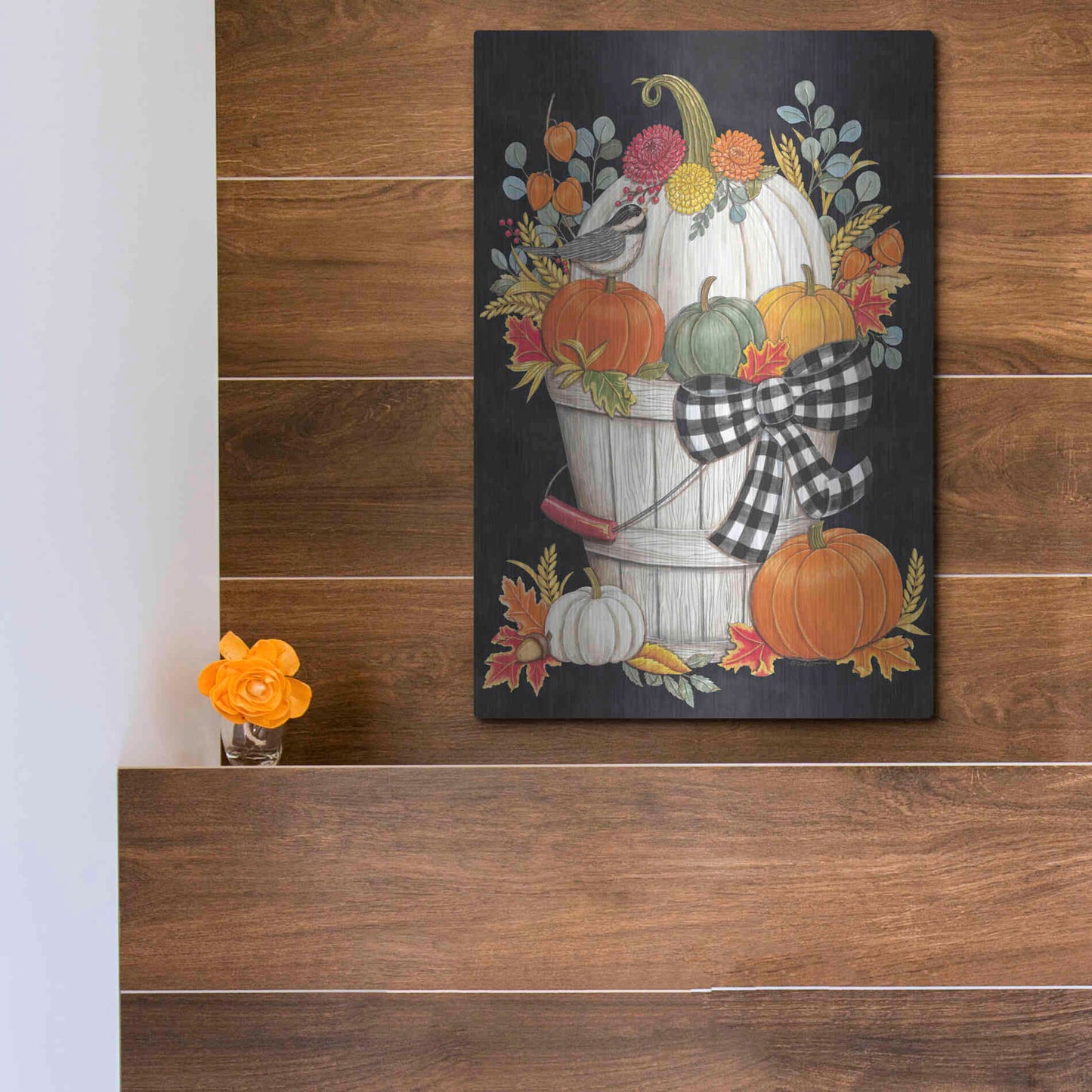 Luxe Metal Art 'Fall Bucket with Chickadee' by Deb Strain, Metal Wall Art,12x16