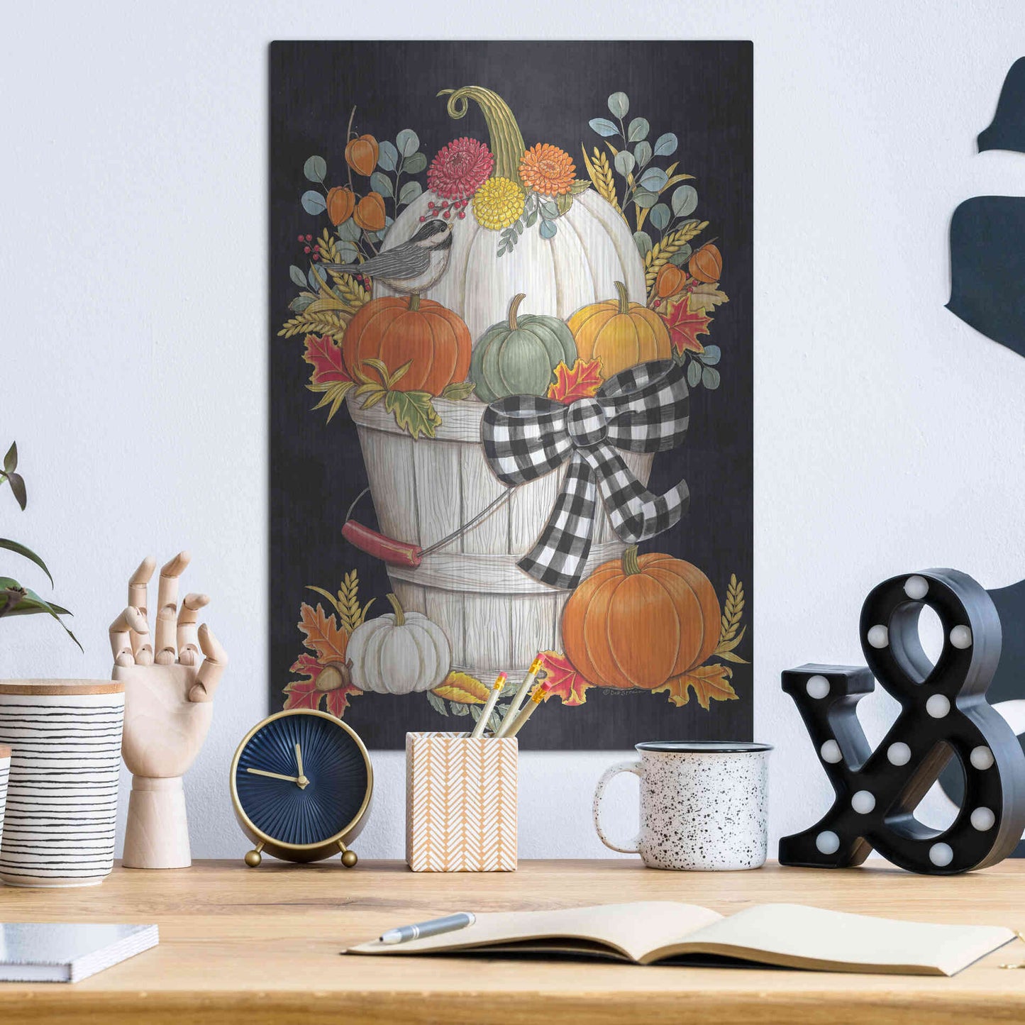 Luxe Metal Art 'Fall Bucket with Chickadee' by Deb Strain, Metal Wall Art,12x16