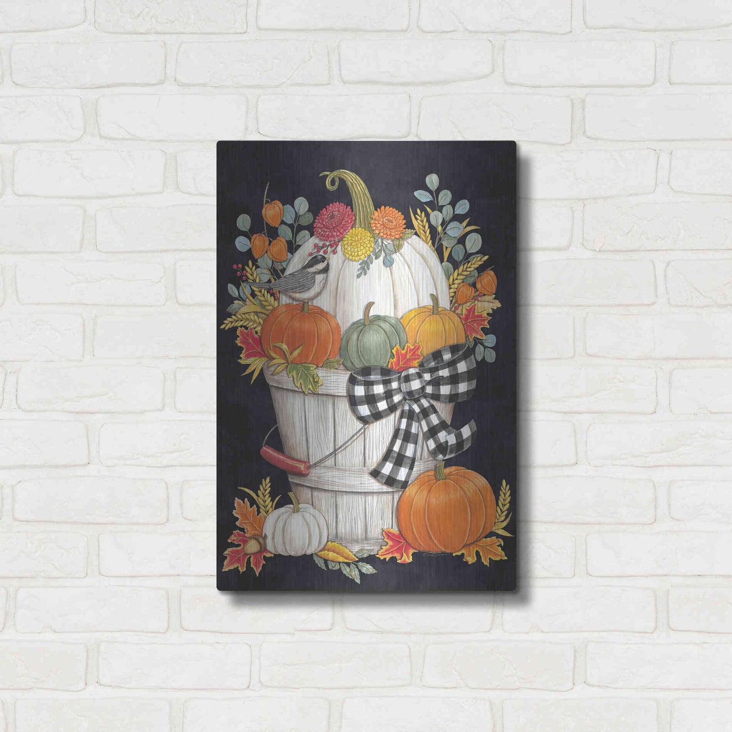 Luxe Metal Art 'Fall Bucket with Chickadee' by Deb Strain, Metal Wall Art,16x24