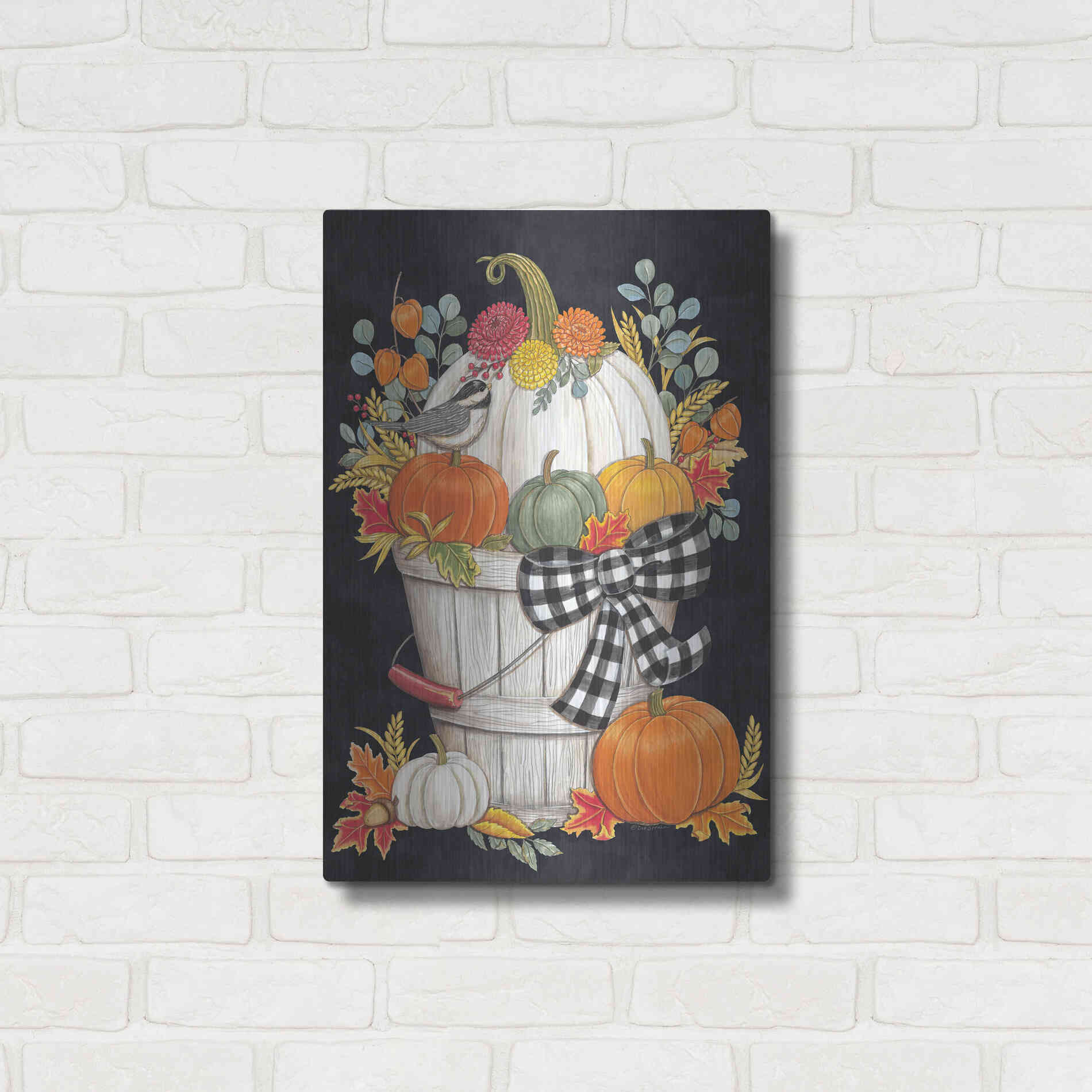 Luxe Metal Art 'Fall Bucket with Chickadee' by Deb Strain, Metal Wall Art,16x24