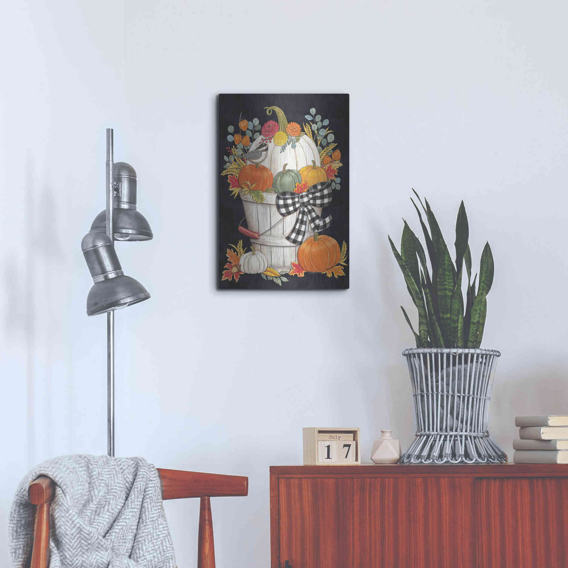 Luxe Metal Art 'Fall Bucket with Chickadee' by Deb Strain, Metal Wall Art,16x24