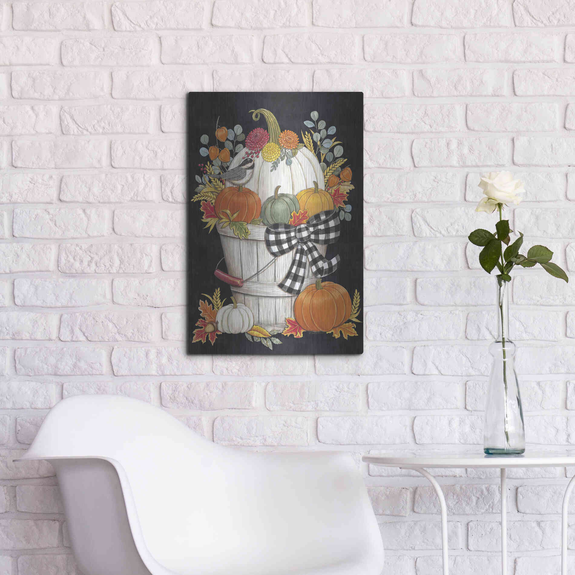 Luxe Metal Art 'Fall Bucket with Chickadee' by Deb Strain, Metal Wall Art,16x24