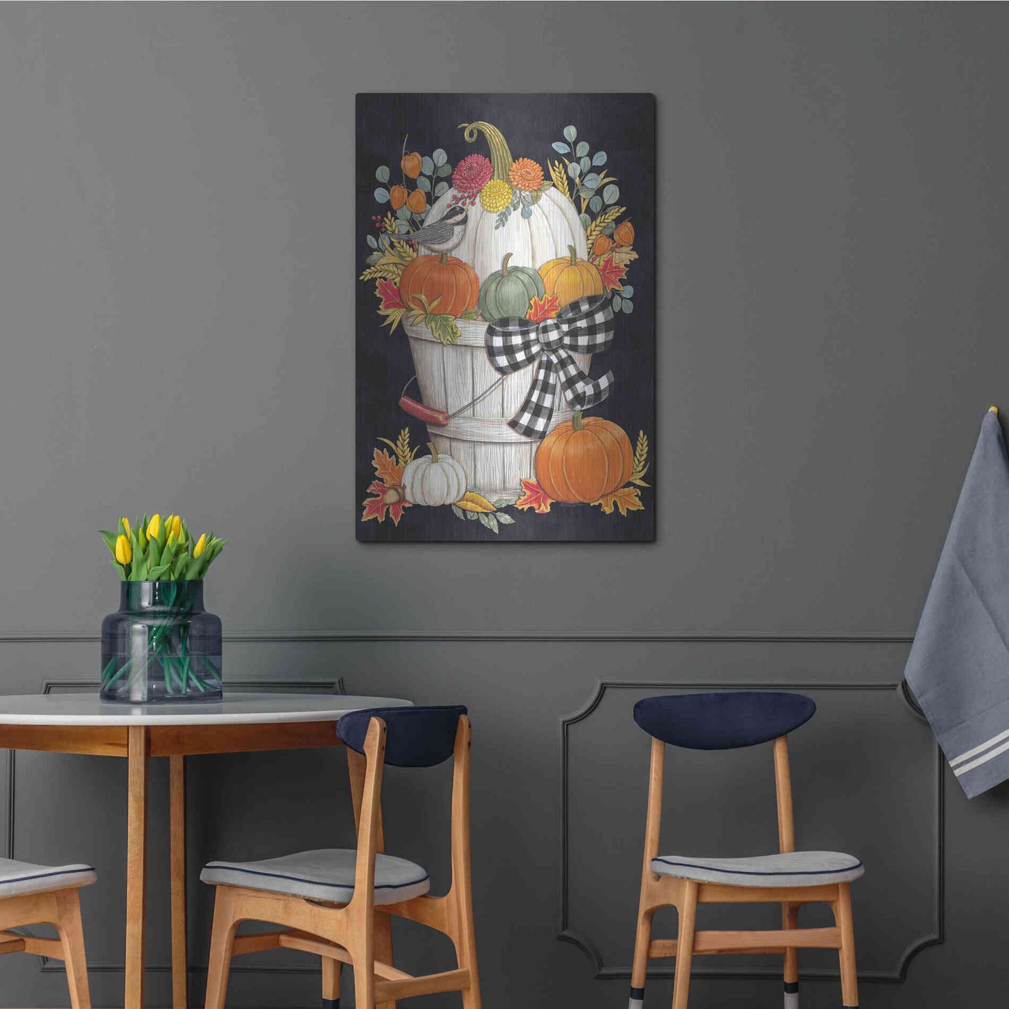 Luxe Metal Art 'Fall Bucket with Chickadee' by Deb Strain, Metal Wall Art,24x36