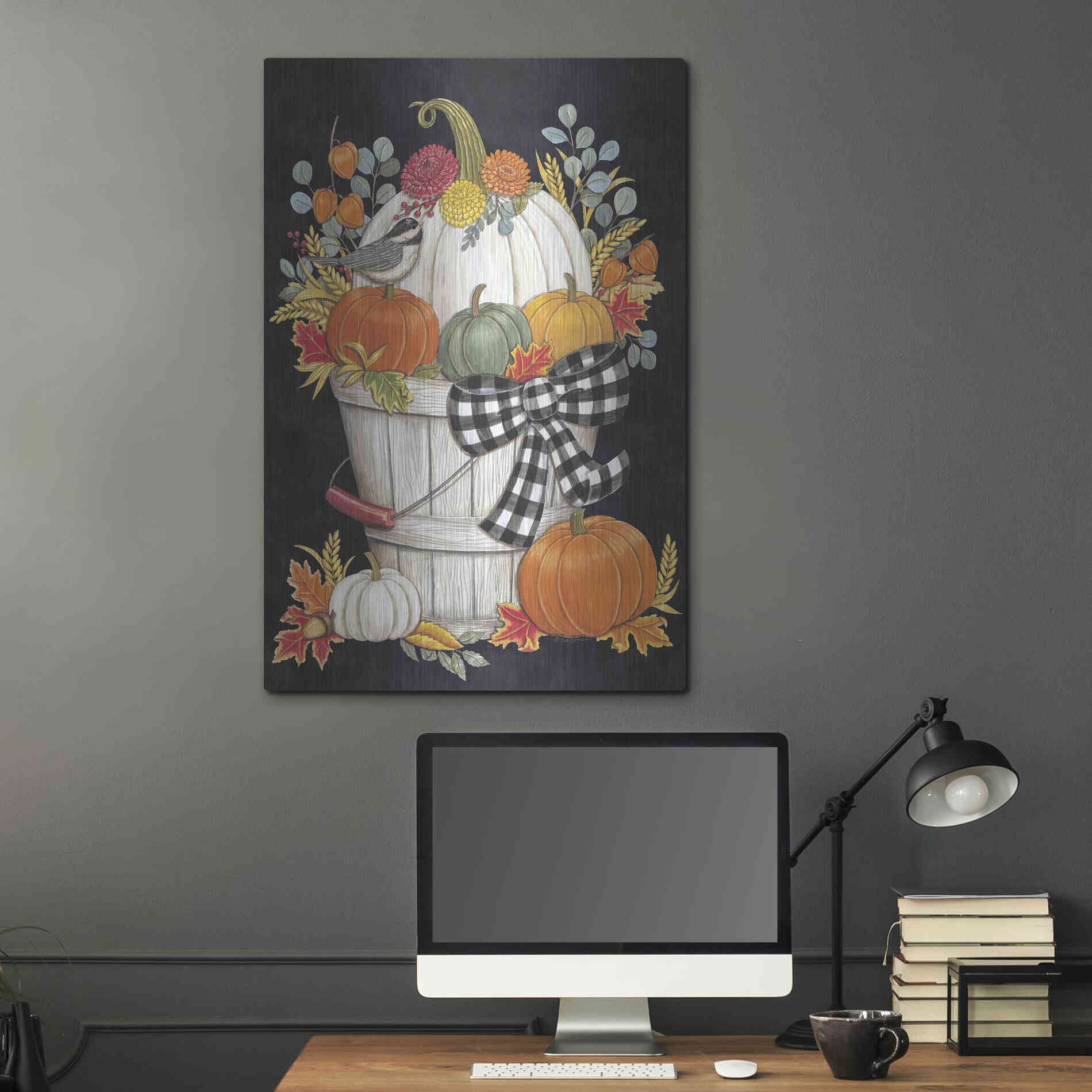 Luxe Metal Art 'Fall Bucket with Chickadee' by Deb Strain, Metal Wall Art,24x36