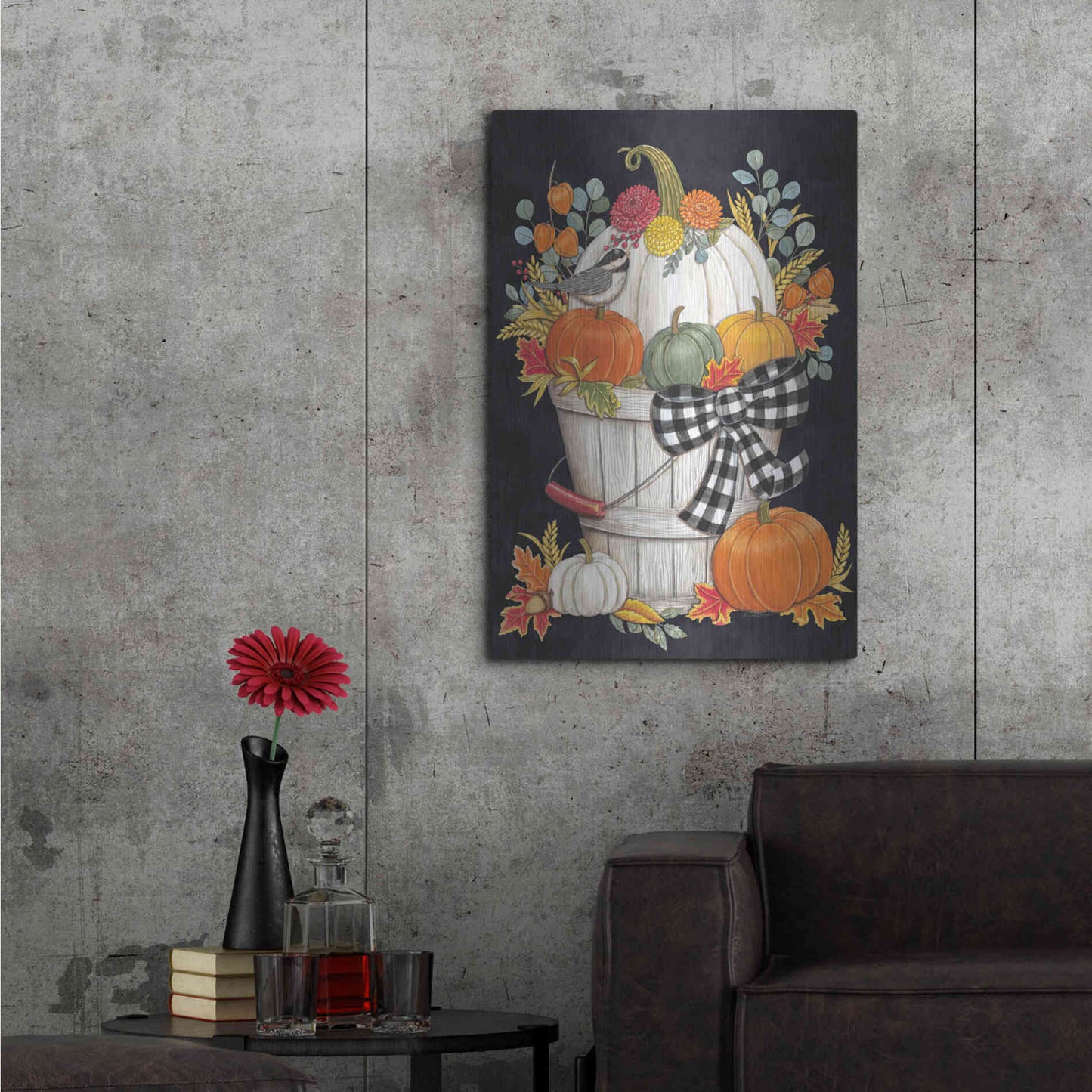 Luxe Metal Art 'Fall Bucket with Chickadee' by Deb Strain, Metal Wall Art,24x36