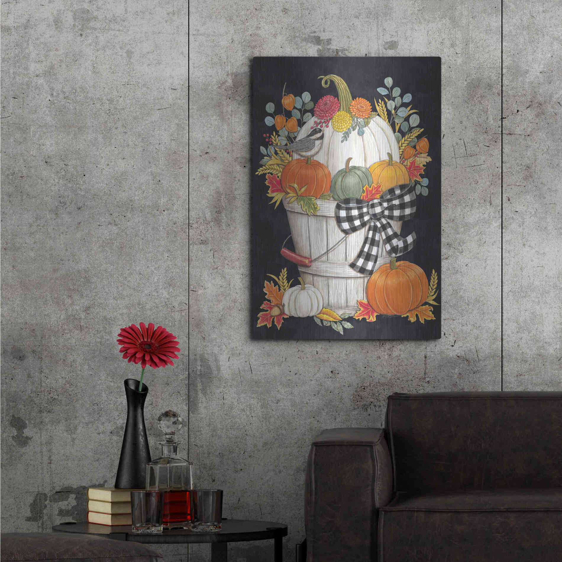 Luxe Metal Art 'Fall Bucket with Chickadee' by Deb Strain, Metal Wall Art,24x36