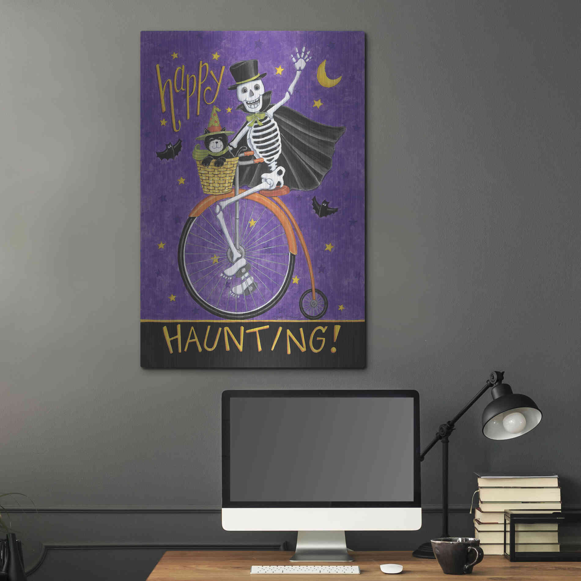 Luxe Metal Art 'Skelton on Bicycle' by Deb Strain, Metal Wall Art,24x36