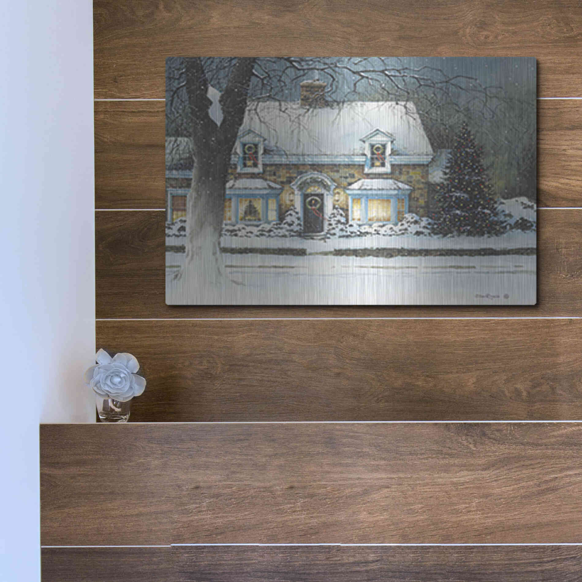 Luxe Metal Art 'Snow Softly Falling' by John Rossini, Metal Wall Art,16x12