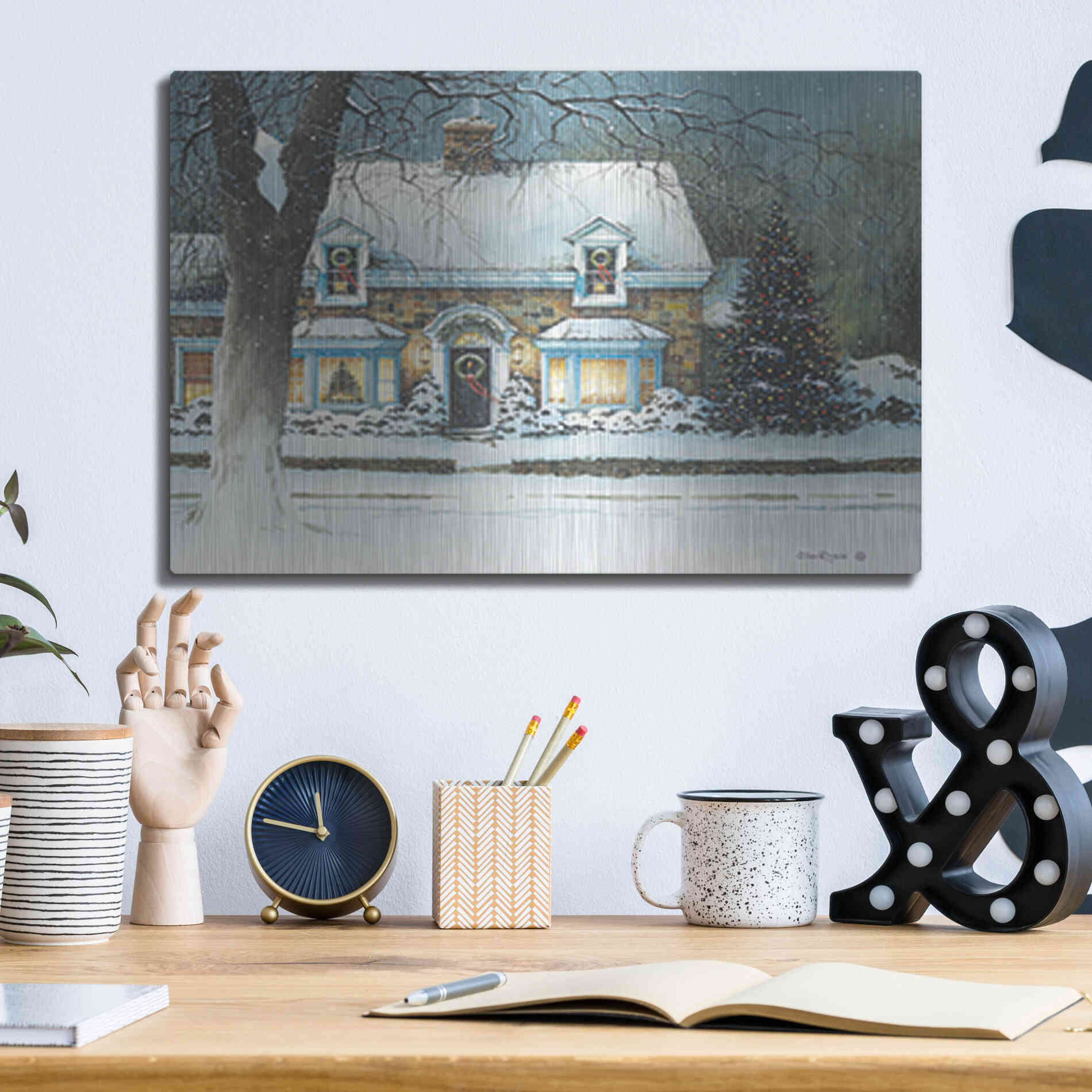 Luxe Metal Art 'Snow Softly Falling' by John Rossini, Metal Wall Art,16x12