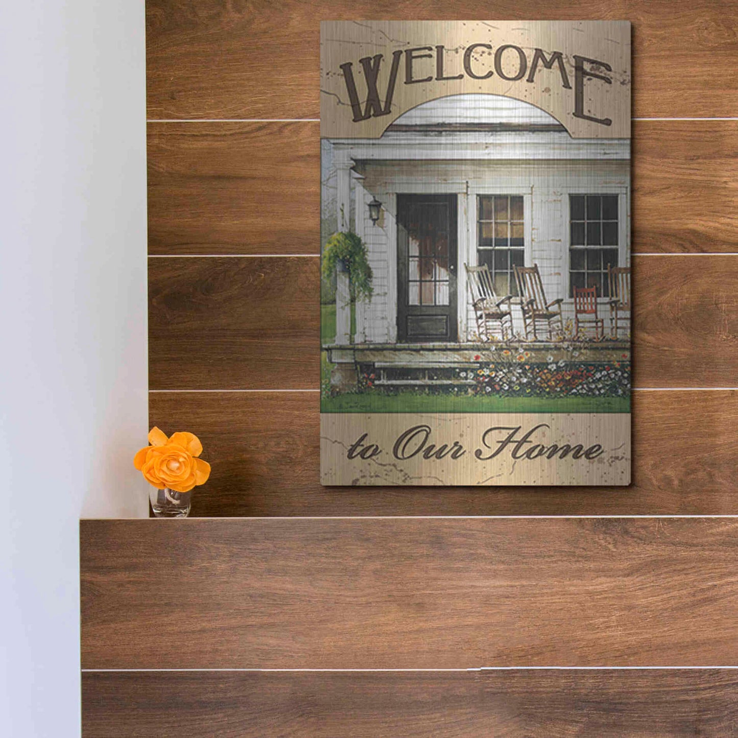 Luxe Metal Art 'Welcome to Our Home' by John Rossini, Metal Wall Art,12x16