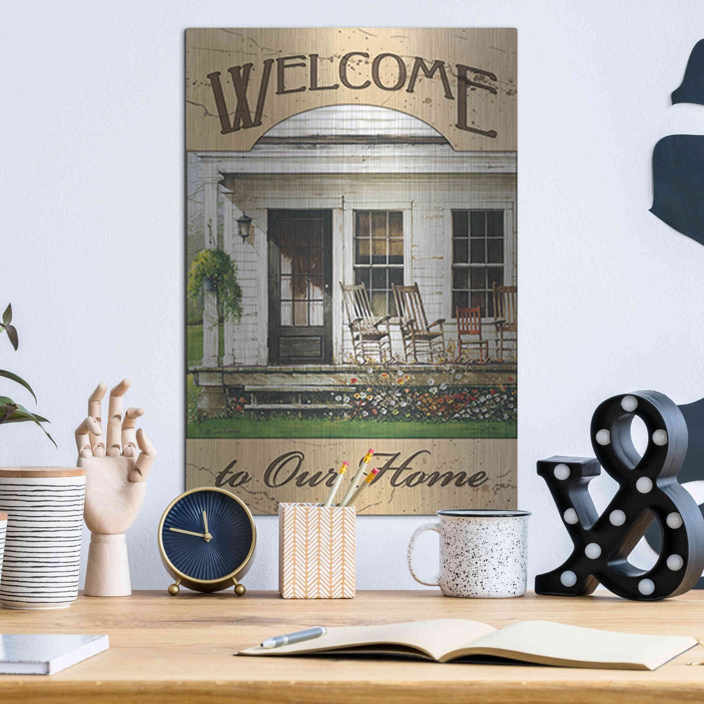 Luxe Metal Art 'Welcome to Our Home' by John Rossini, Metal Wall Art,12x16