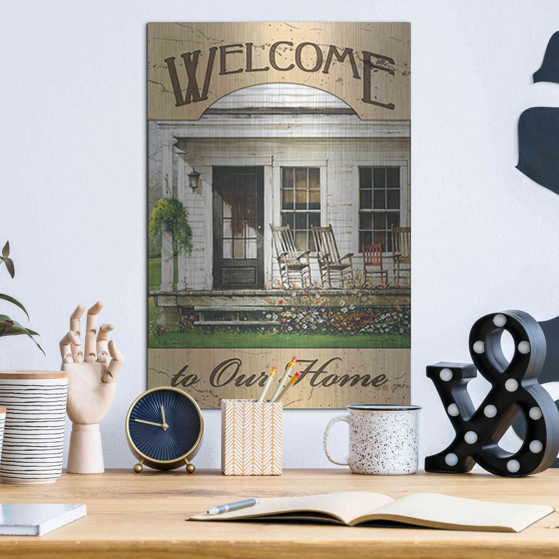 Luxe Metal Art 'Welcome to Our Home' by John Rossini, Metal Wall Art,12x16