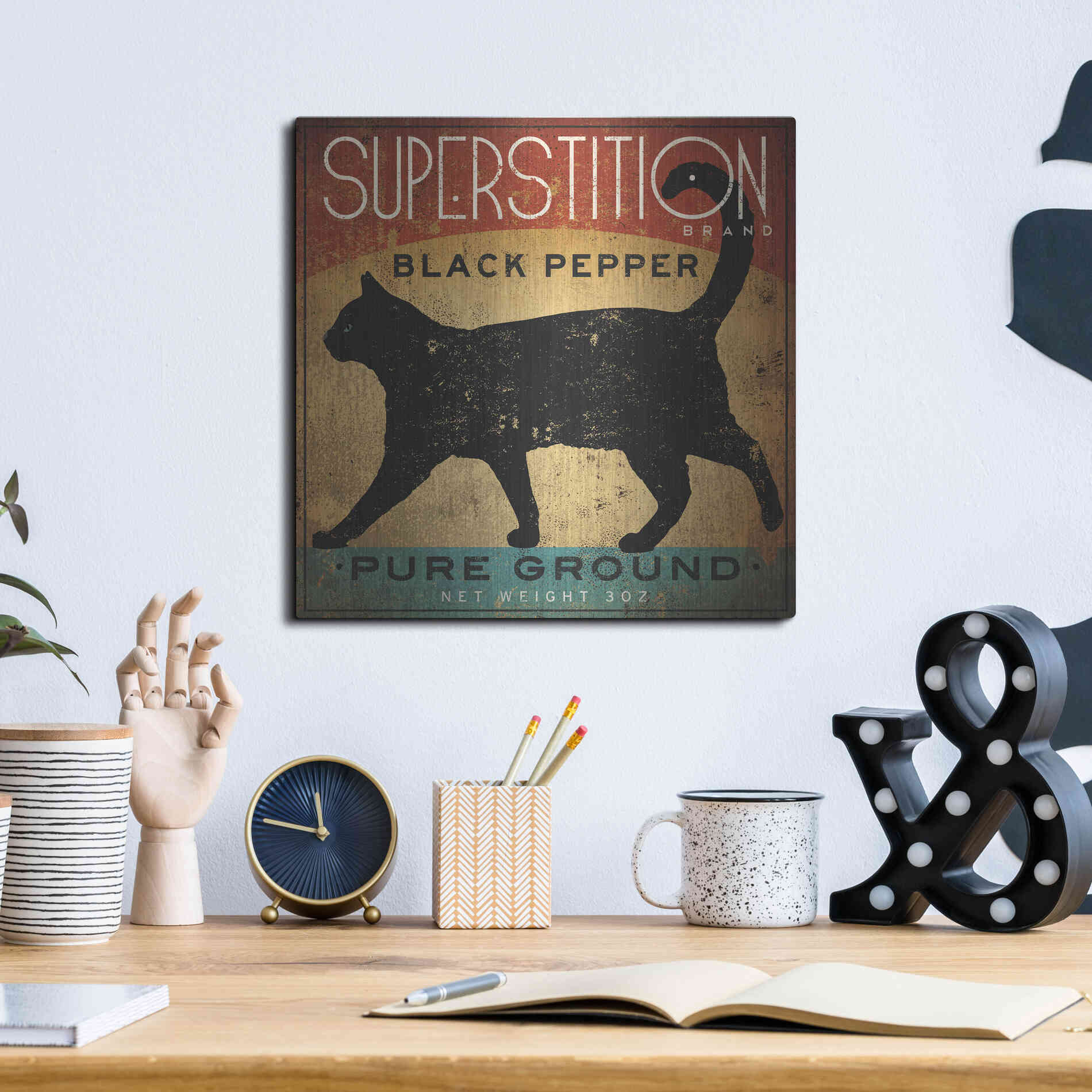 Luxe Metal Art 'Superstition Black Pepper Cat' by Ryan Fowler, Metal Wall Art,12x12