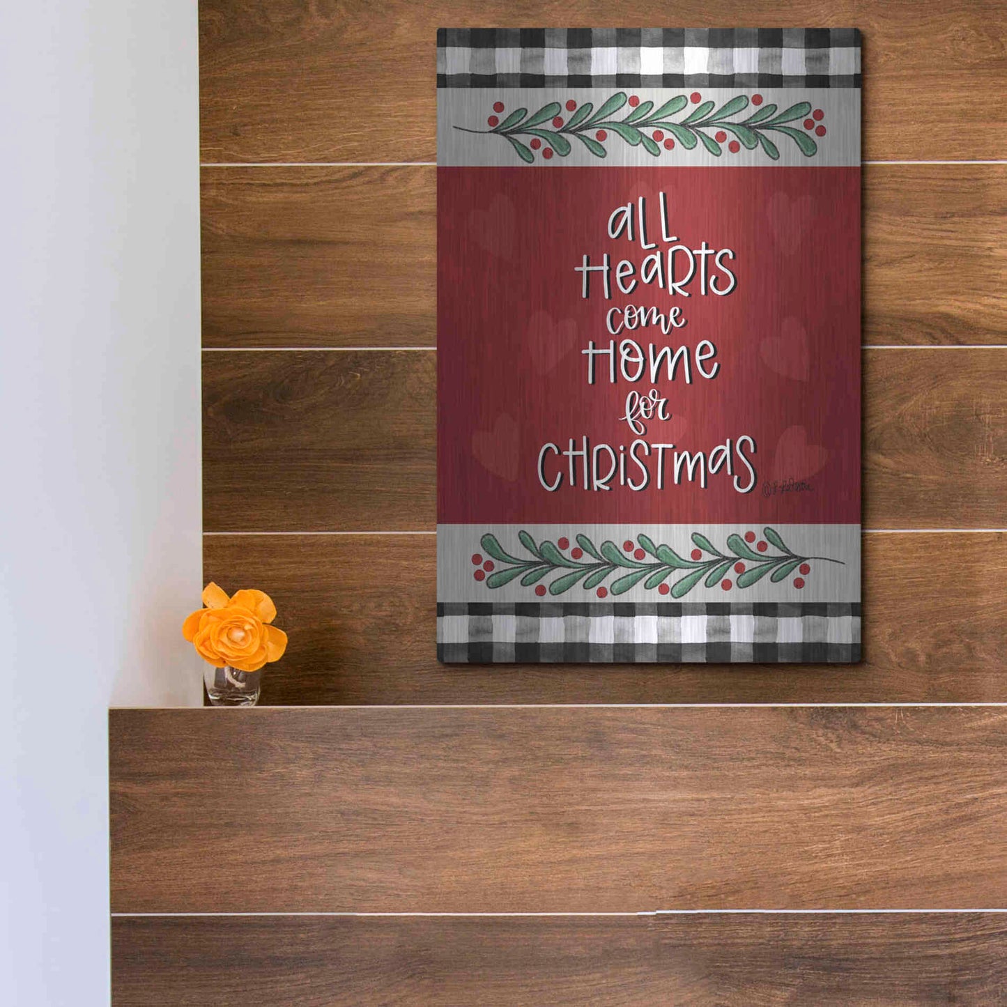 Luxe Metal Art 'All Hearts Come Home at Christmas' by Lisa Larson, Metal Wall Art,12x16