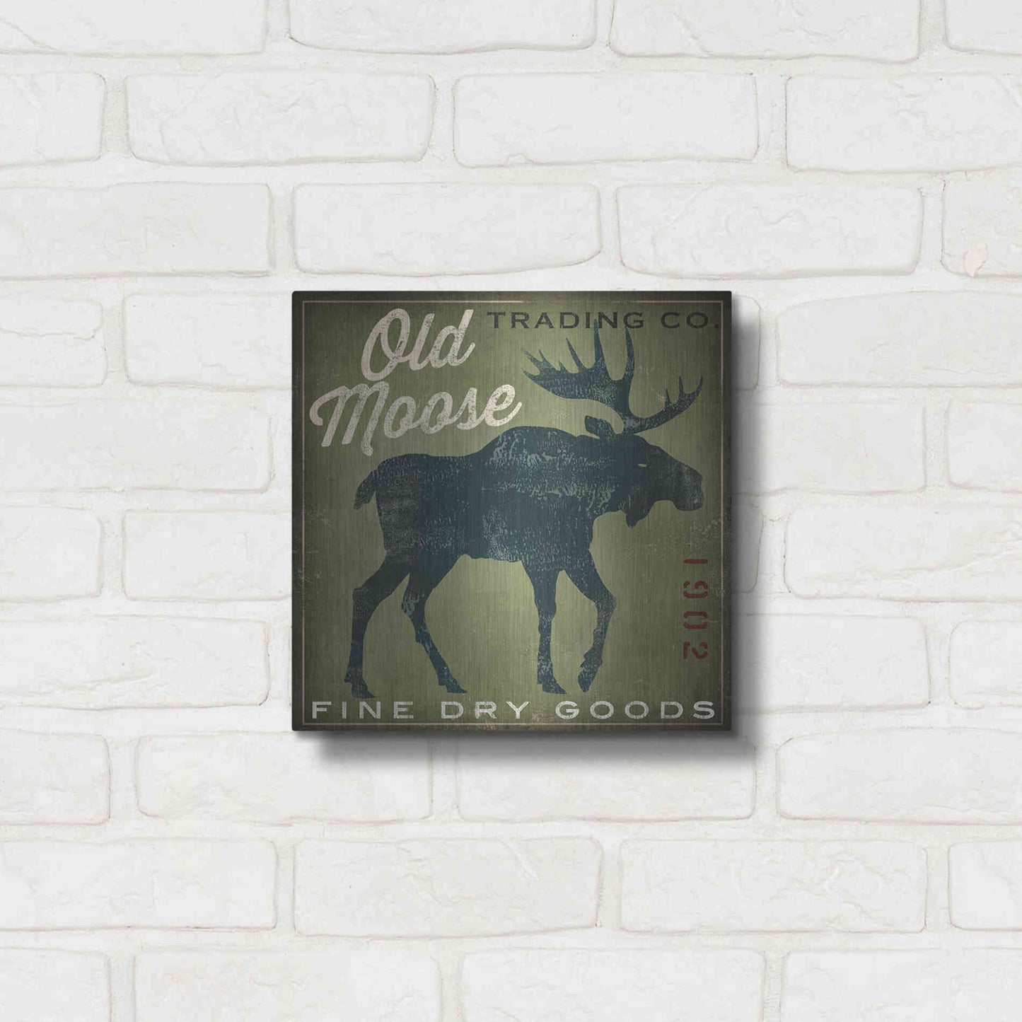 Luxe Metal Art 'Old Moose Trading Co. - green' by Ryan Fowler, Metal Wall Art,12x12