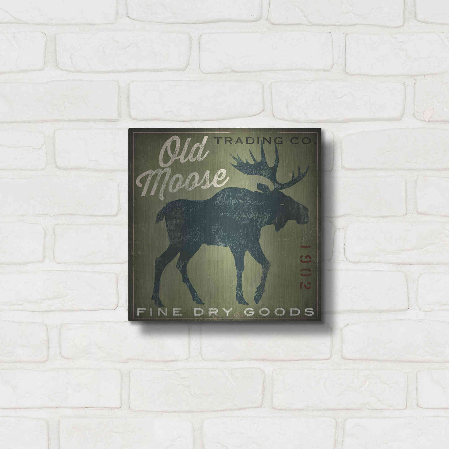 Luxe Metal Art 'Old Moose Trading Co. - green' by Ryan Fowler, Metal Wall Art,12x12