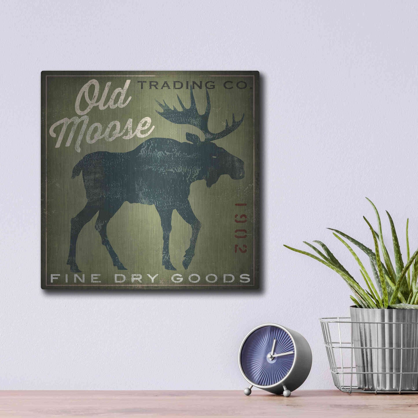 Luxe Metal Art 'Old Moose Trading Co. - green' by Ryan Fowler, Metal Wall Art,12x12