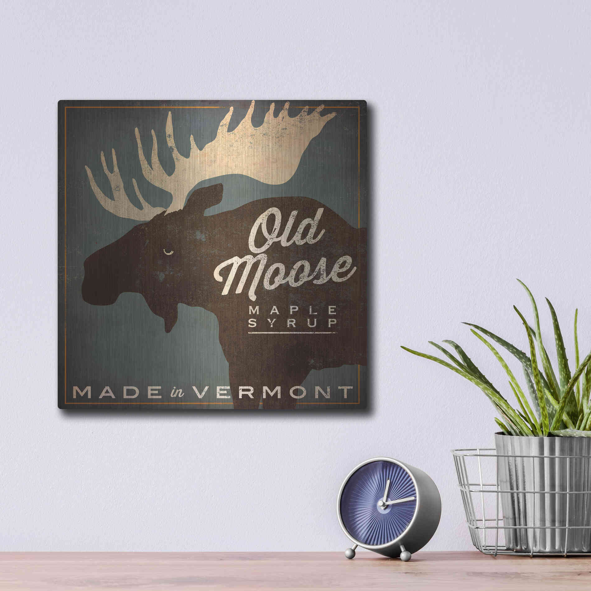 Luxe Metal Art 'Old Moose Maple Syrup Made in Vermont' by Ryan Fowler, Metal Wall Art,12x12