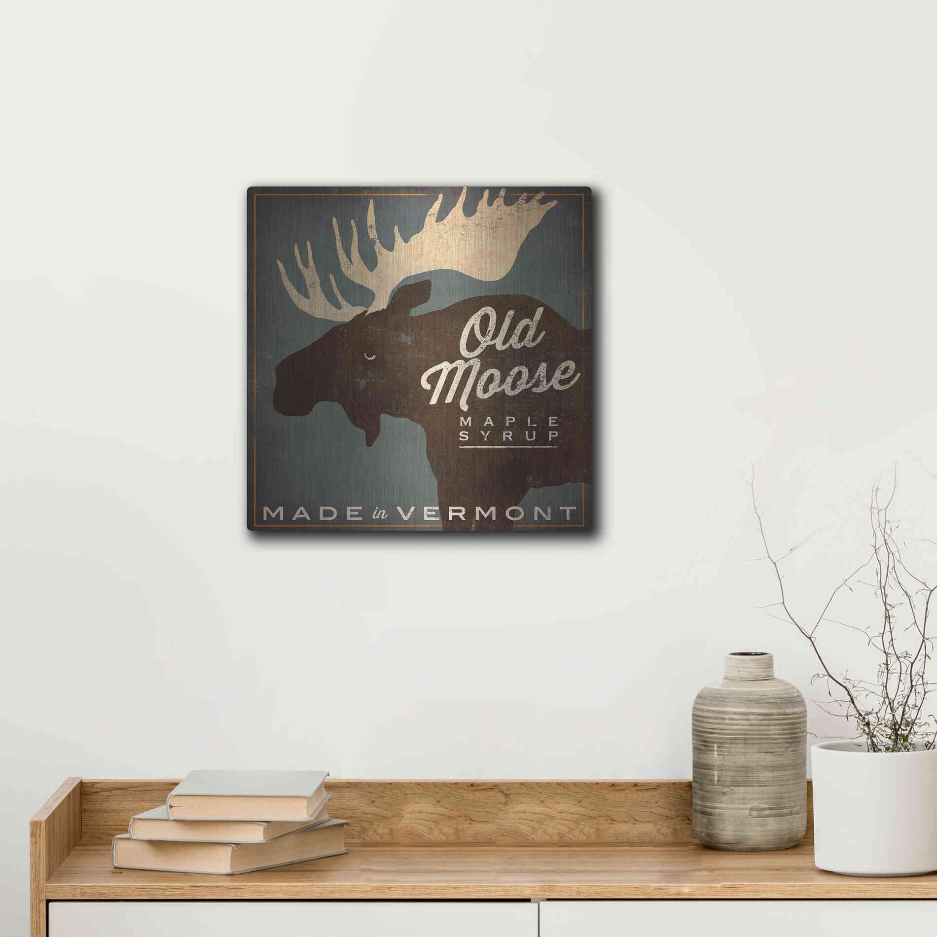 Luxe Metal Art 'Old Moose Maple Syrup Made in Vermont' by Ryan Fowler, Metal Wall Art,12x12