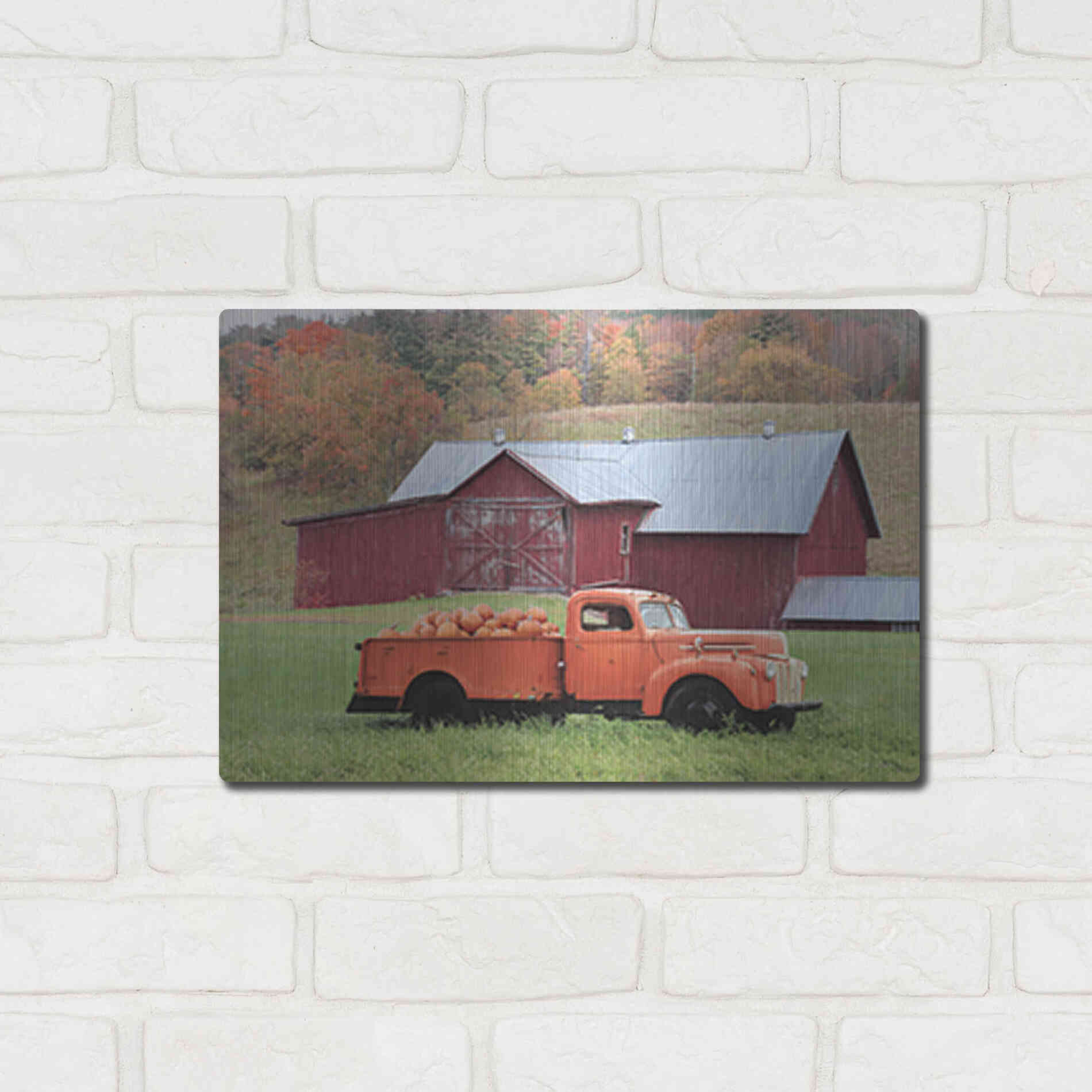 Luxe Metal Art 'Orange Pumpkin Truck' by Lori Deiter, Metal Wall Art,16x12