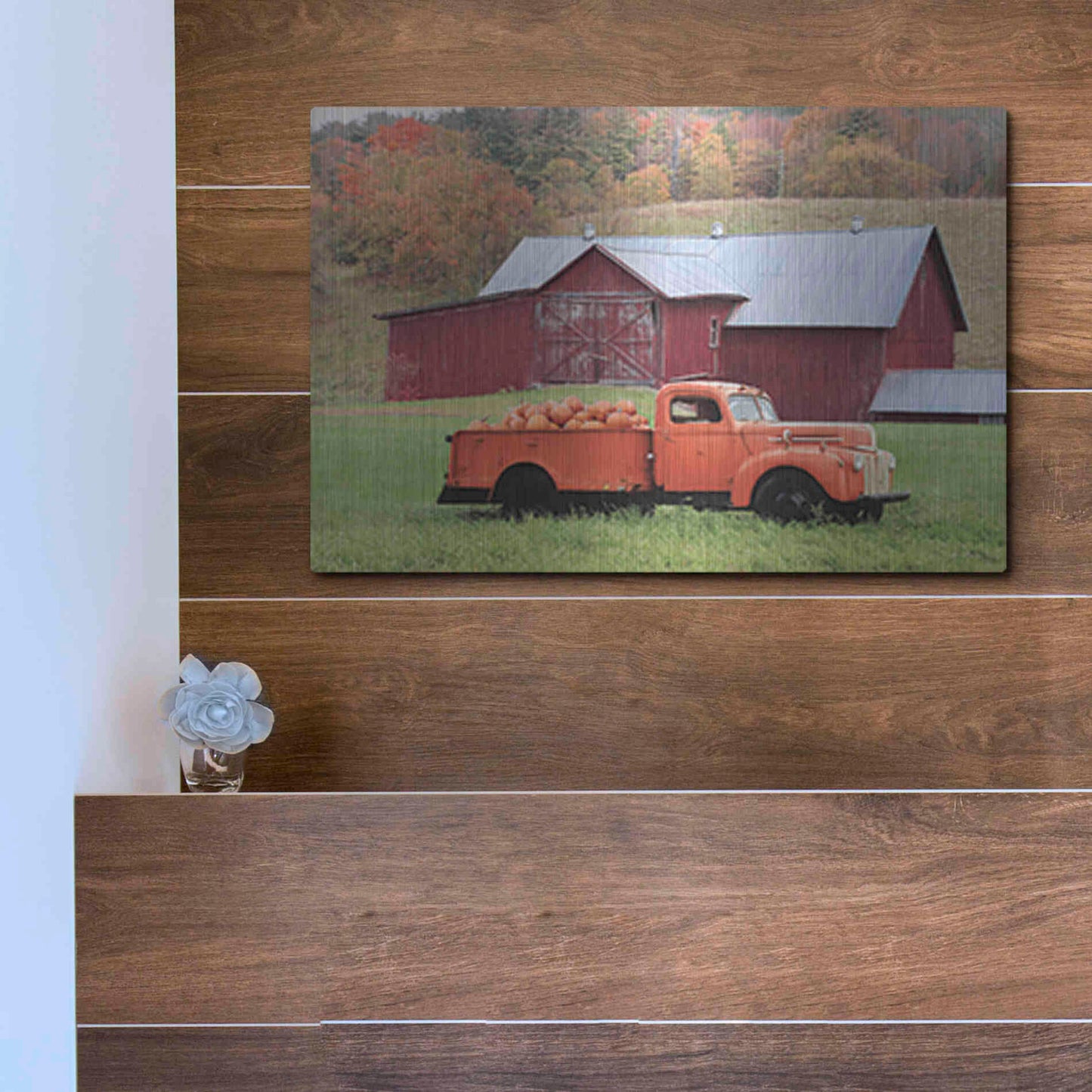 Luxe Metal Art 'Orange Pumpkin Truck' by Lori Deiter, Metal Wall Art,16x12