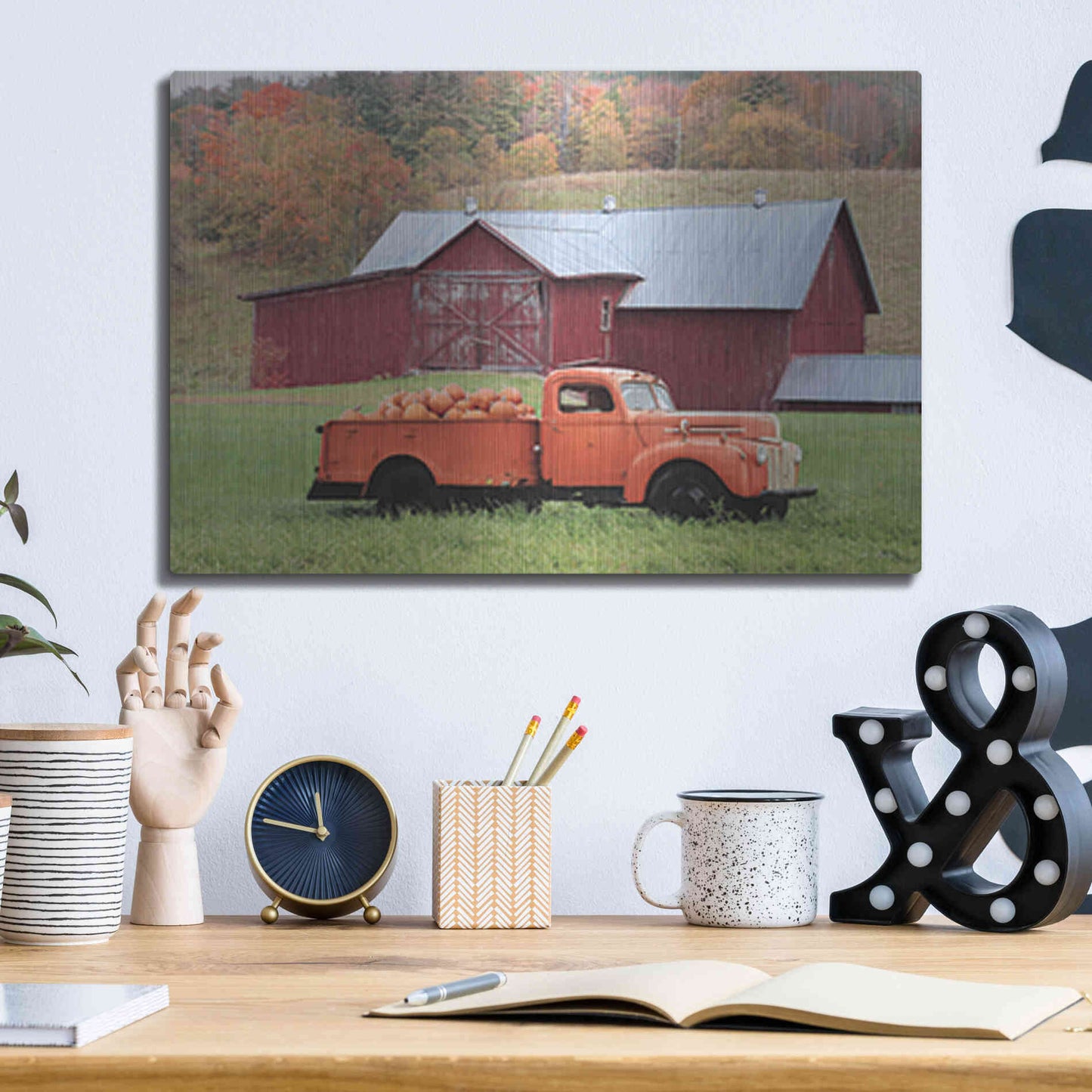 Luxe Metal Art 'Orange Pumpkin Truck' by Lori Deiter, Metal Wall Art,16x12