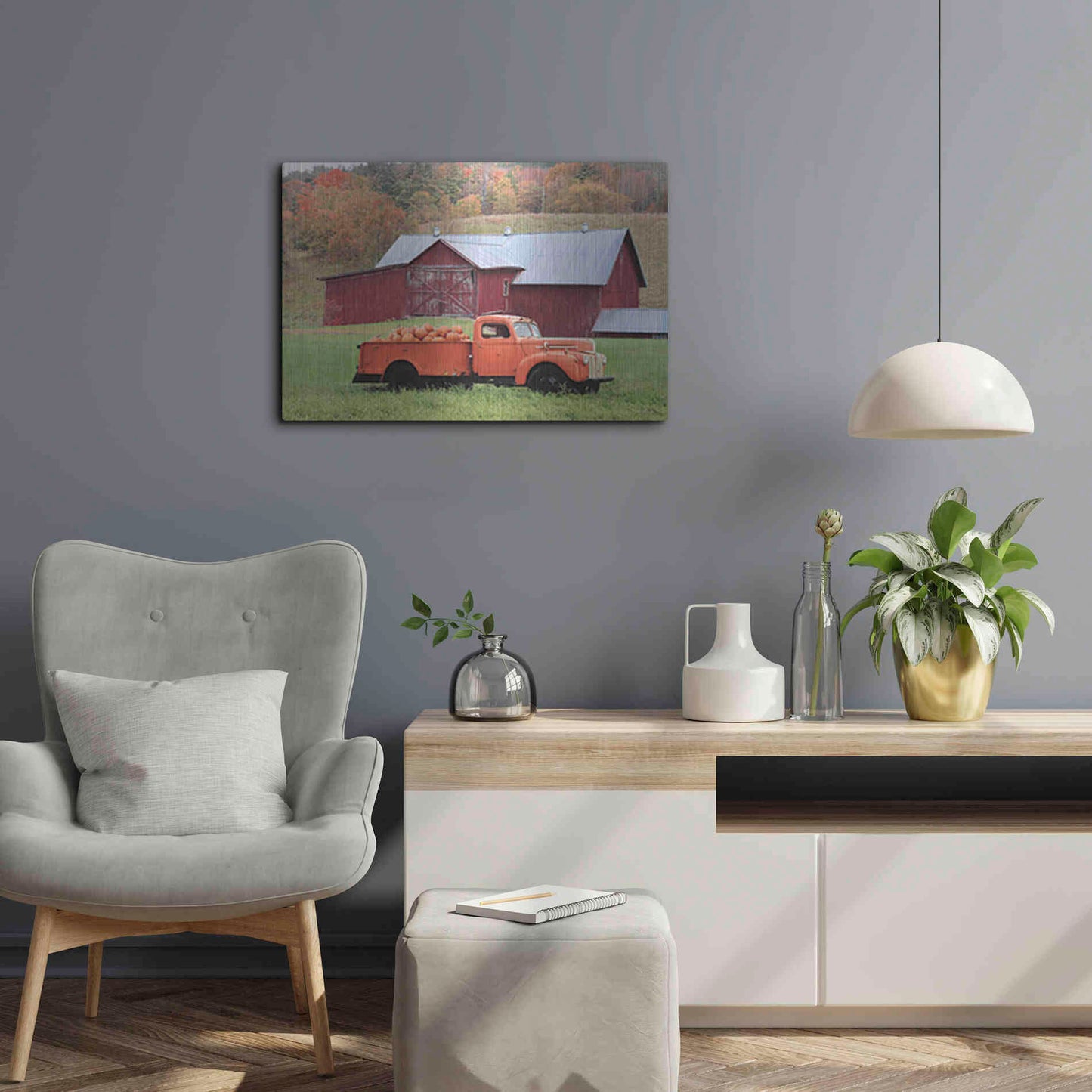 Luxe Metal Art 'Orange Pumpkin Truck' by Lori Deiter, Metal Wall Art,24x16
