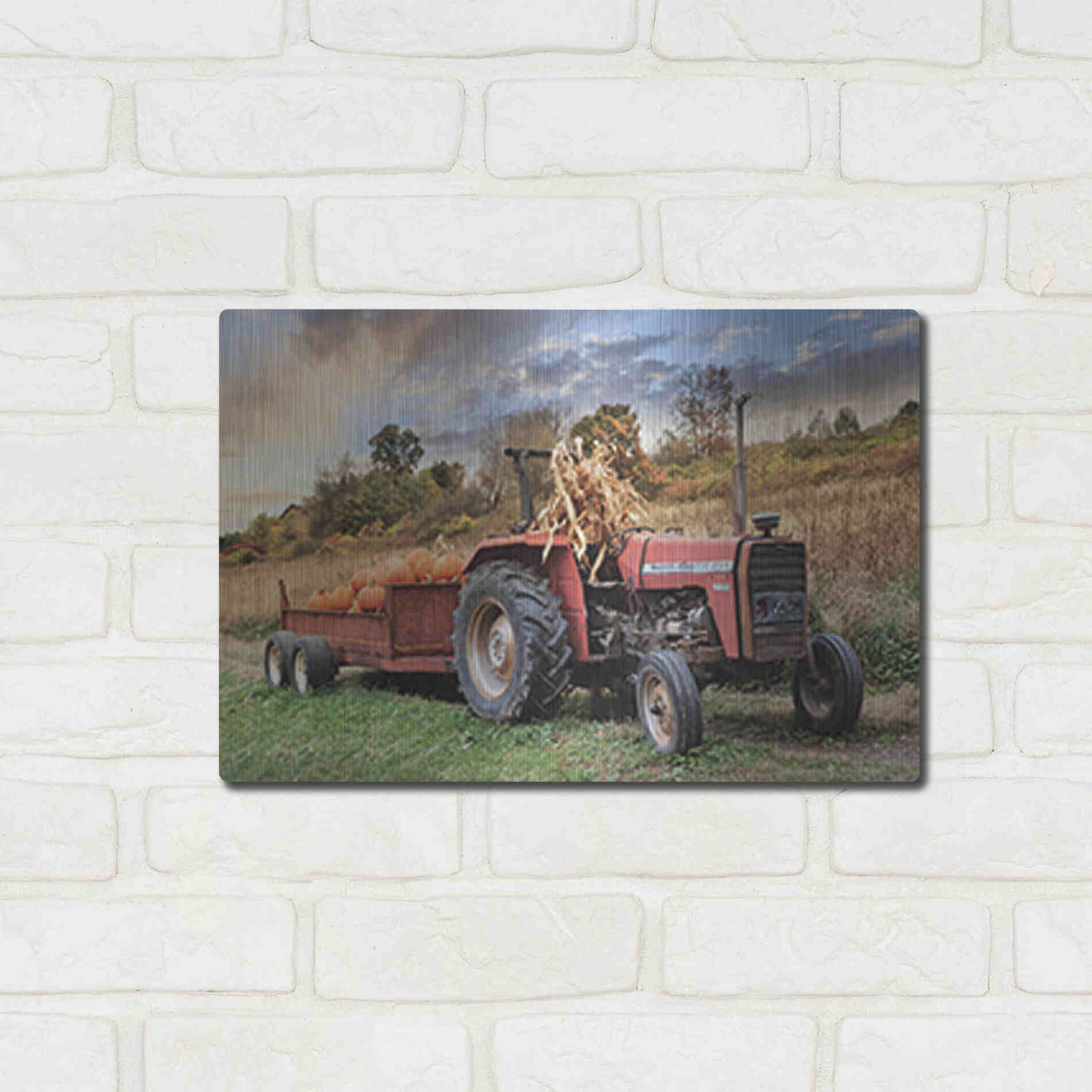 Luxe Metal Art 'Pumpkin Harvest Tractor' by Lori Deiter, Metal Wall Art,16x12
