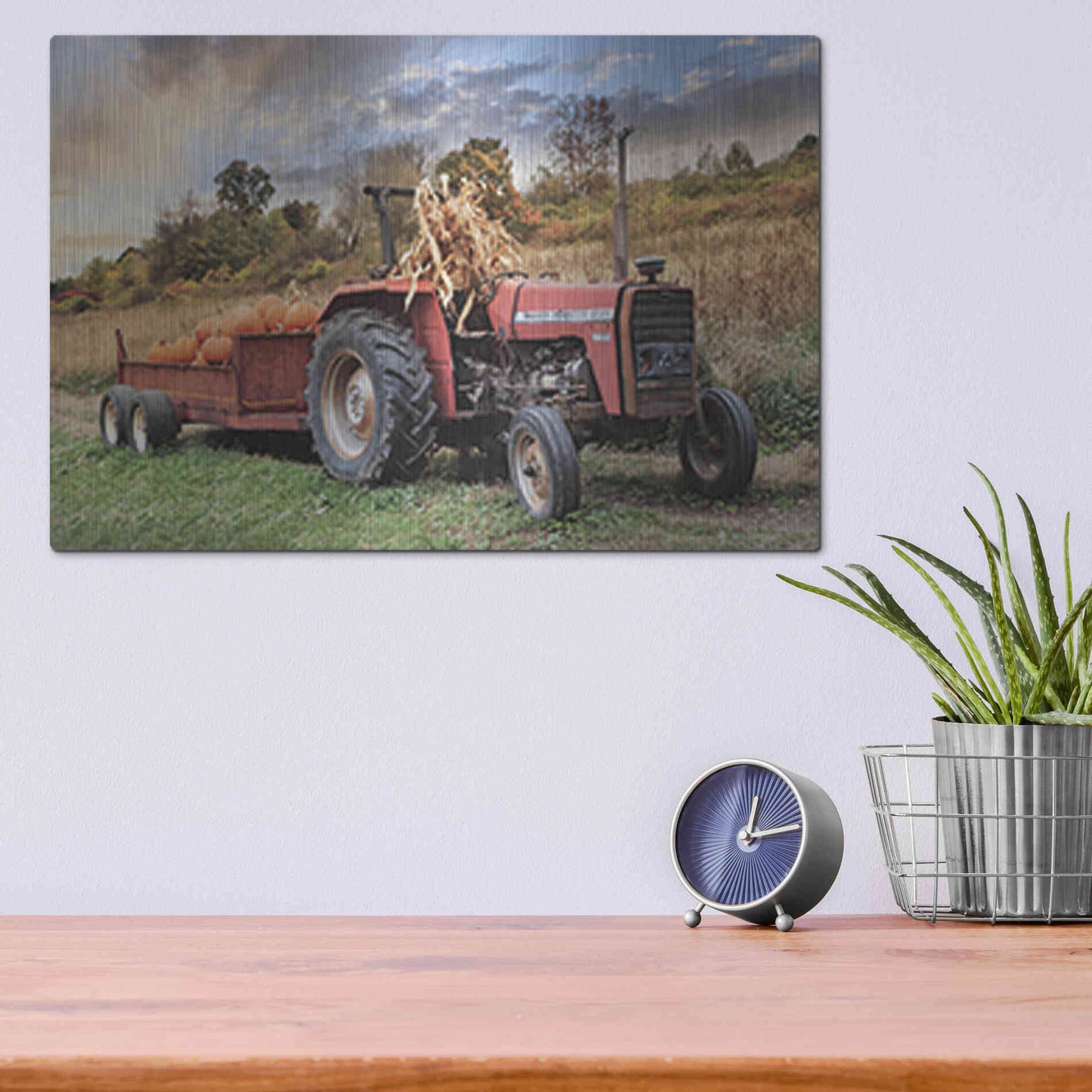 Luxe Metal Art 'Pumpkin Harvest Tractor' by Lori Deiter, Metal Wall Art,16x12