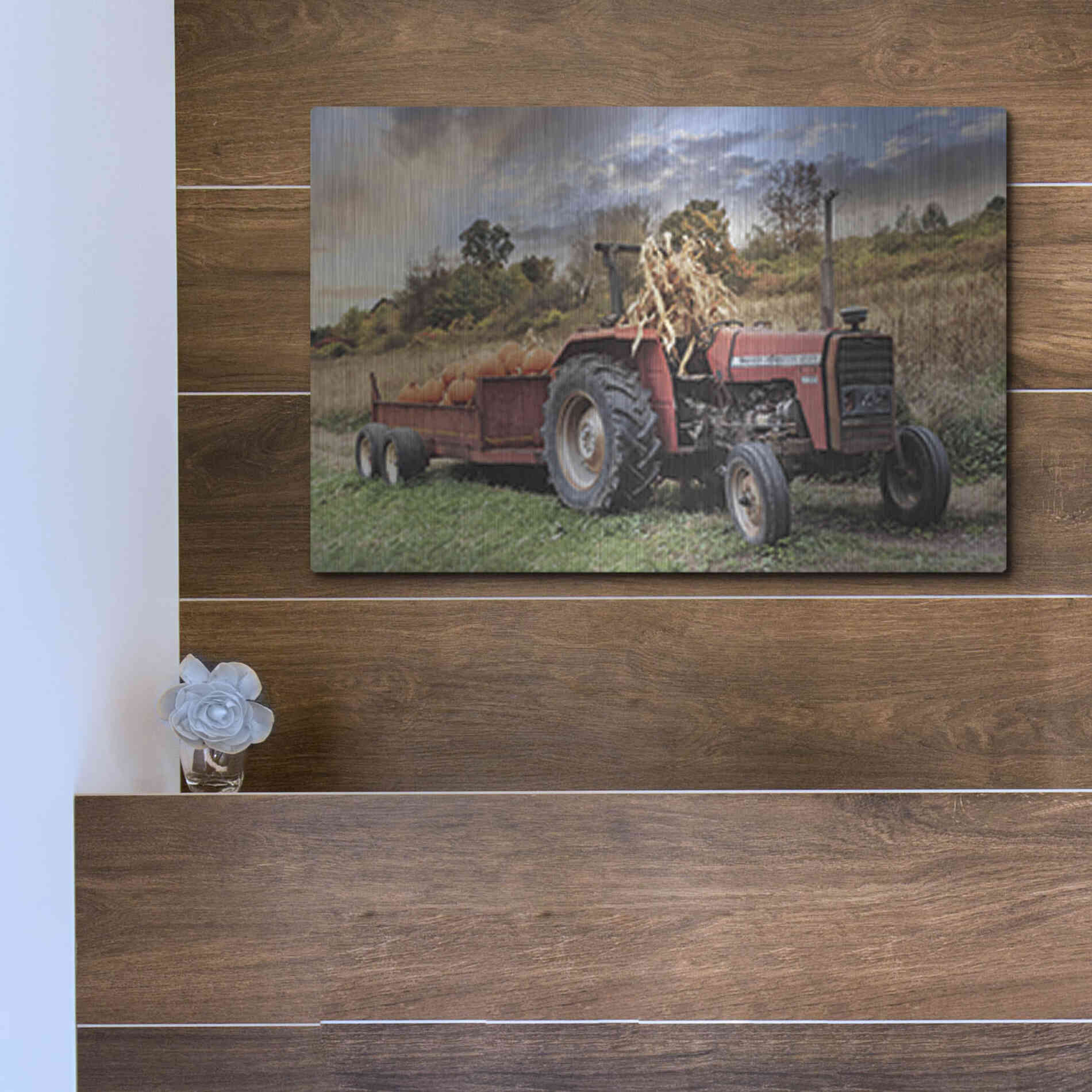 Luxe Metal Art 'Pumpkin Harvest Tractor' by Lori Deiter, Metal Wall Art,16x12