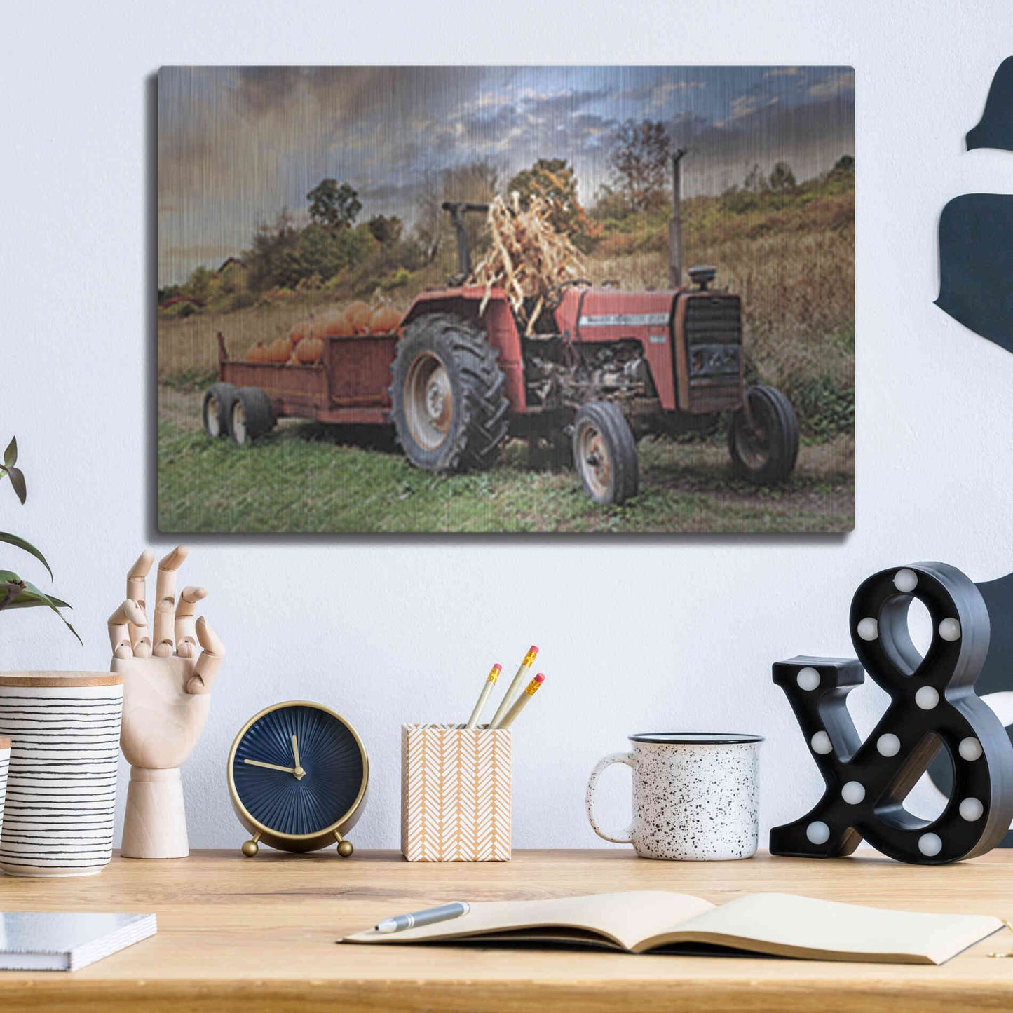 Luxe Metal Art 'Pumpkin Harvest Tractor' by Lori Deiter, Metal Wall Art,16x12